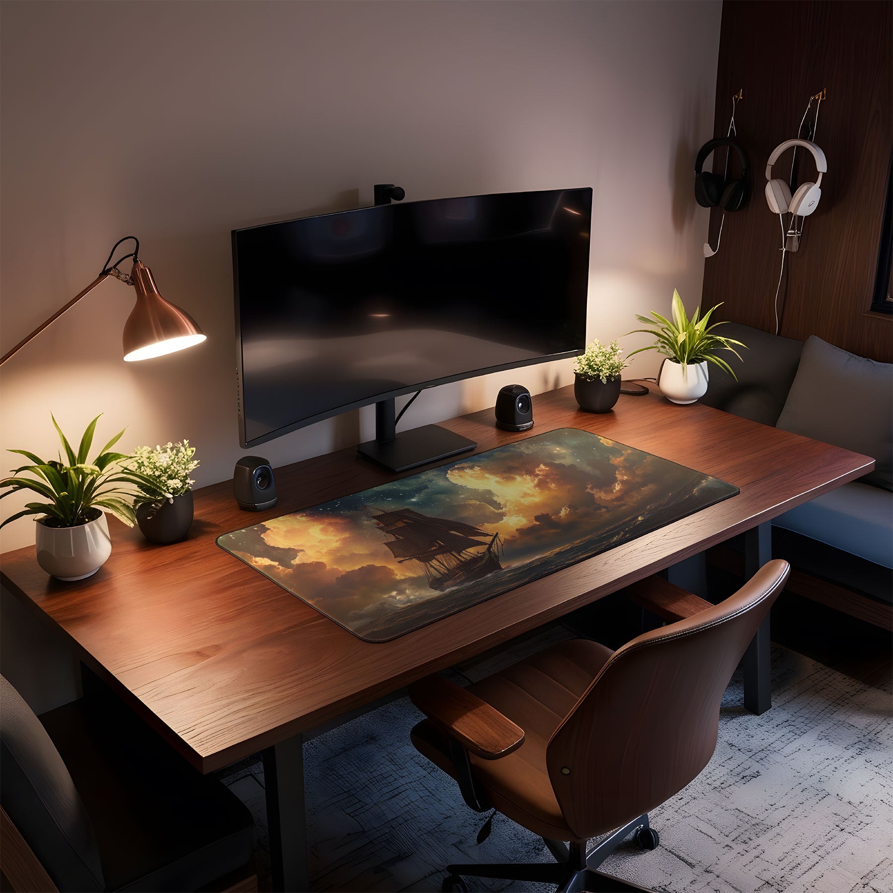 Wooden desk with computer setup, including a monitor, speakers, and decorative items, in a home office setting.