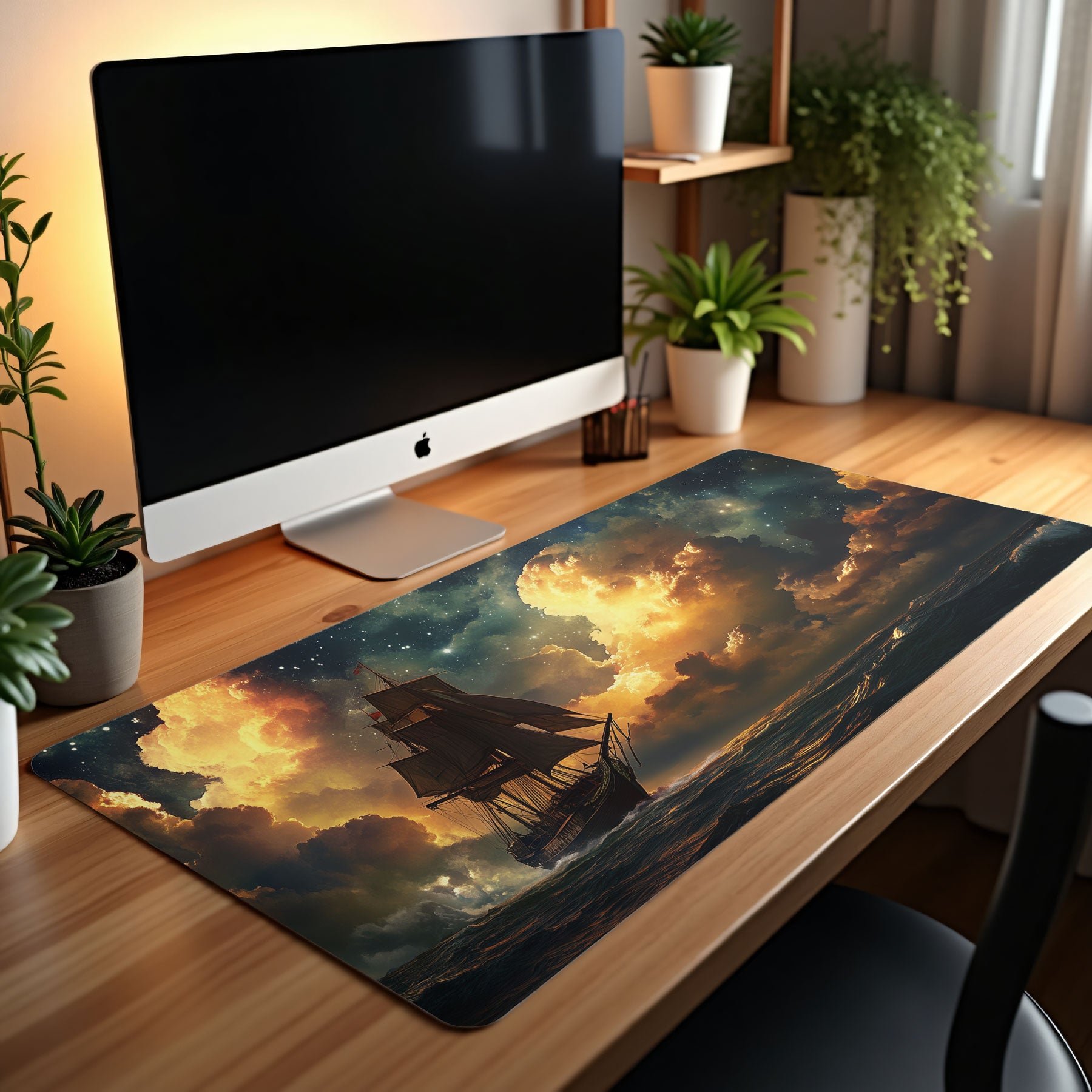 Desk setup with a computer monitor and a decorative mouse pad featuring a ship on water.