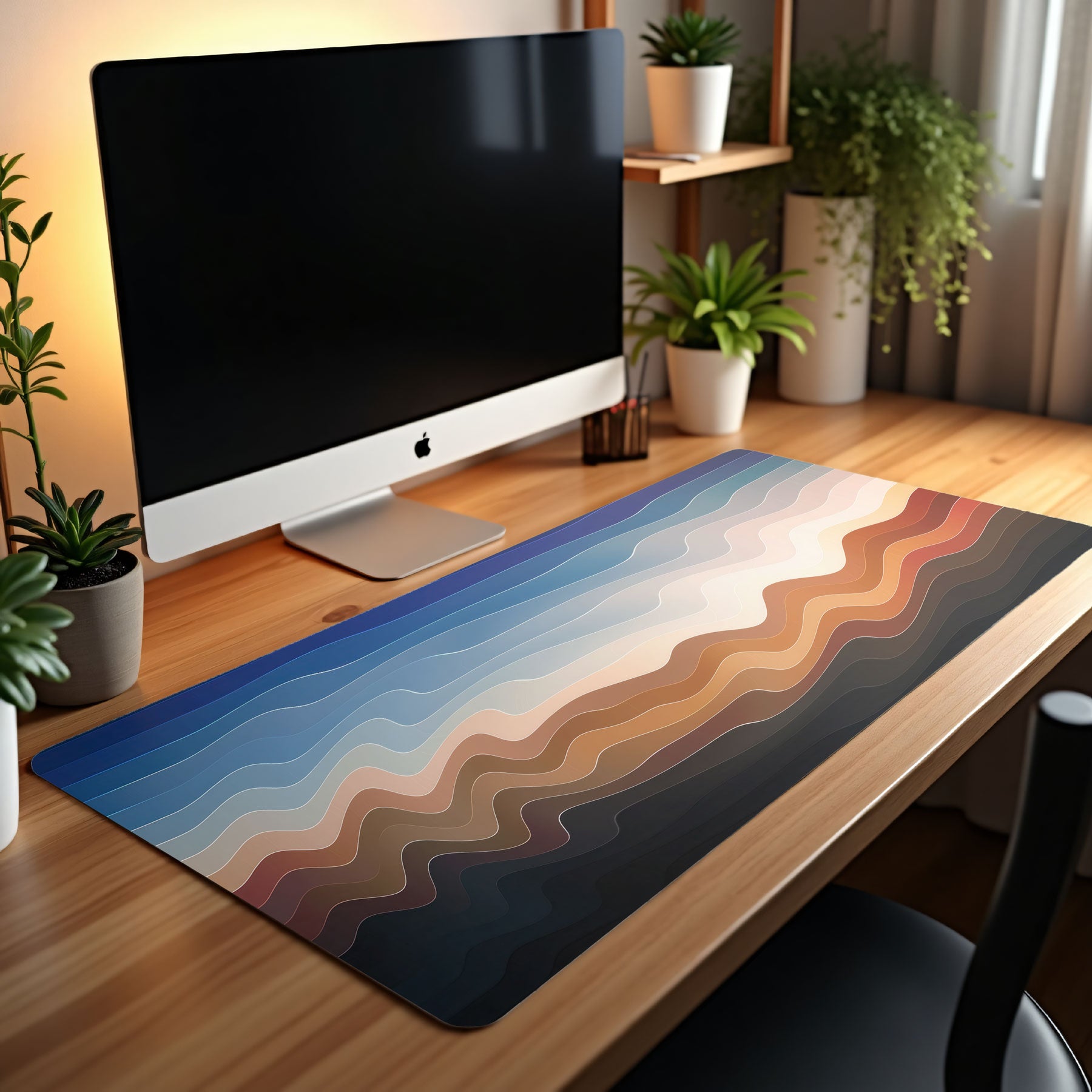 Desk setup with a computer monitor and colorful desk mat on a wooden surface.