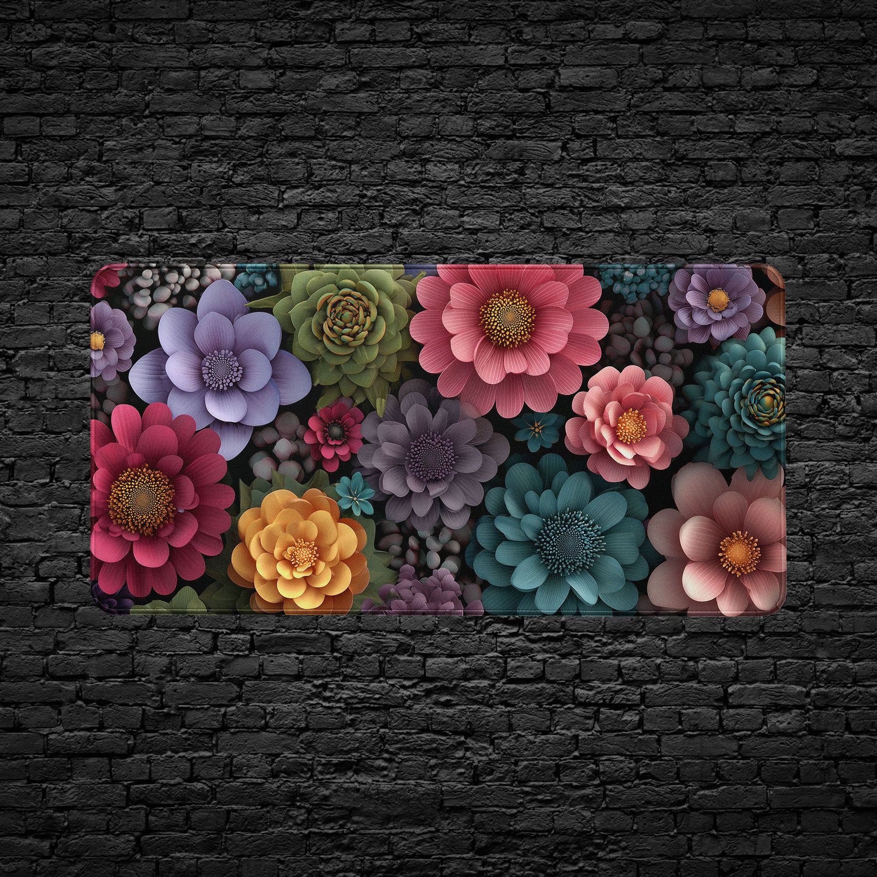 Colorful flower garden desk mat with detailed 3D floral artwork