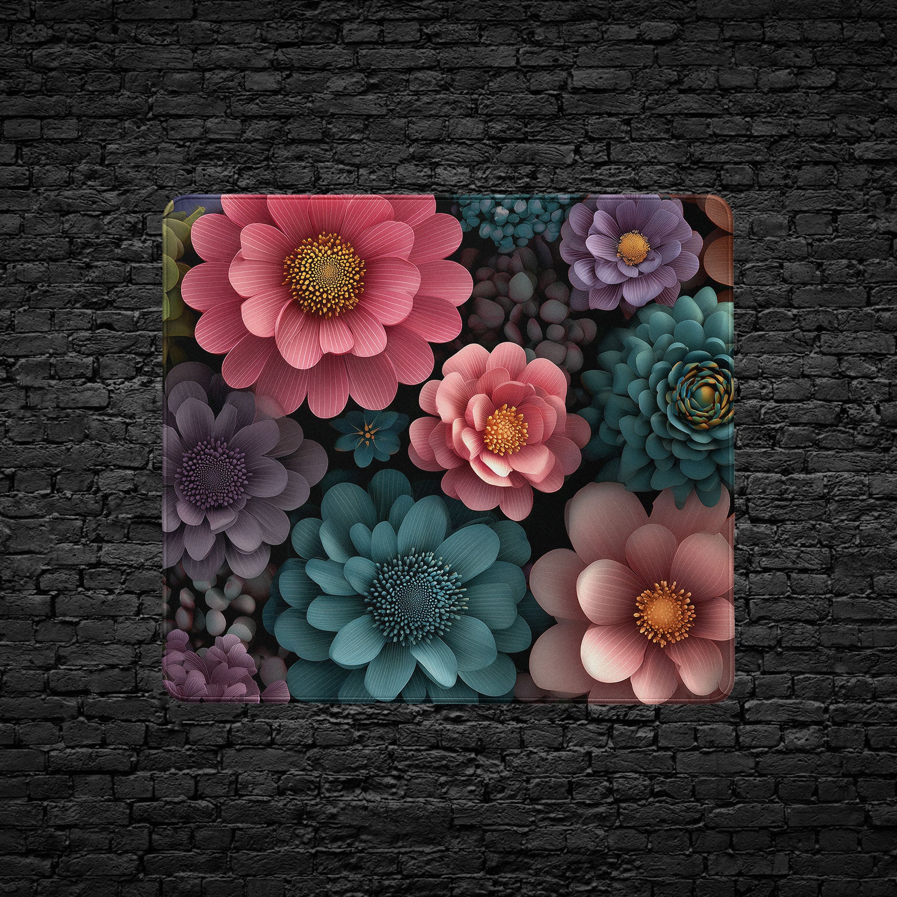 Abstract floral desk mat featuring pink, purple, and golden flowers