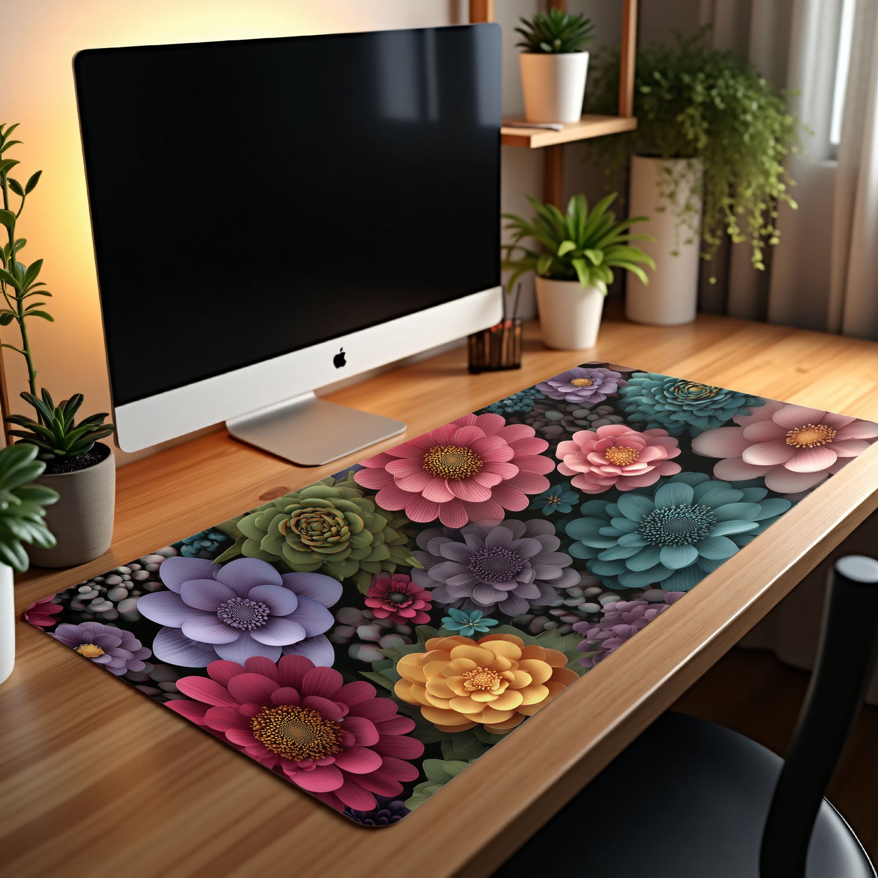 Floral desk mat on a wooden desk with a computer monitor