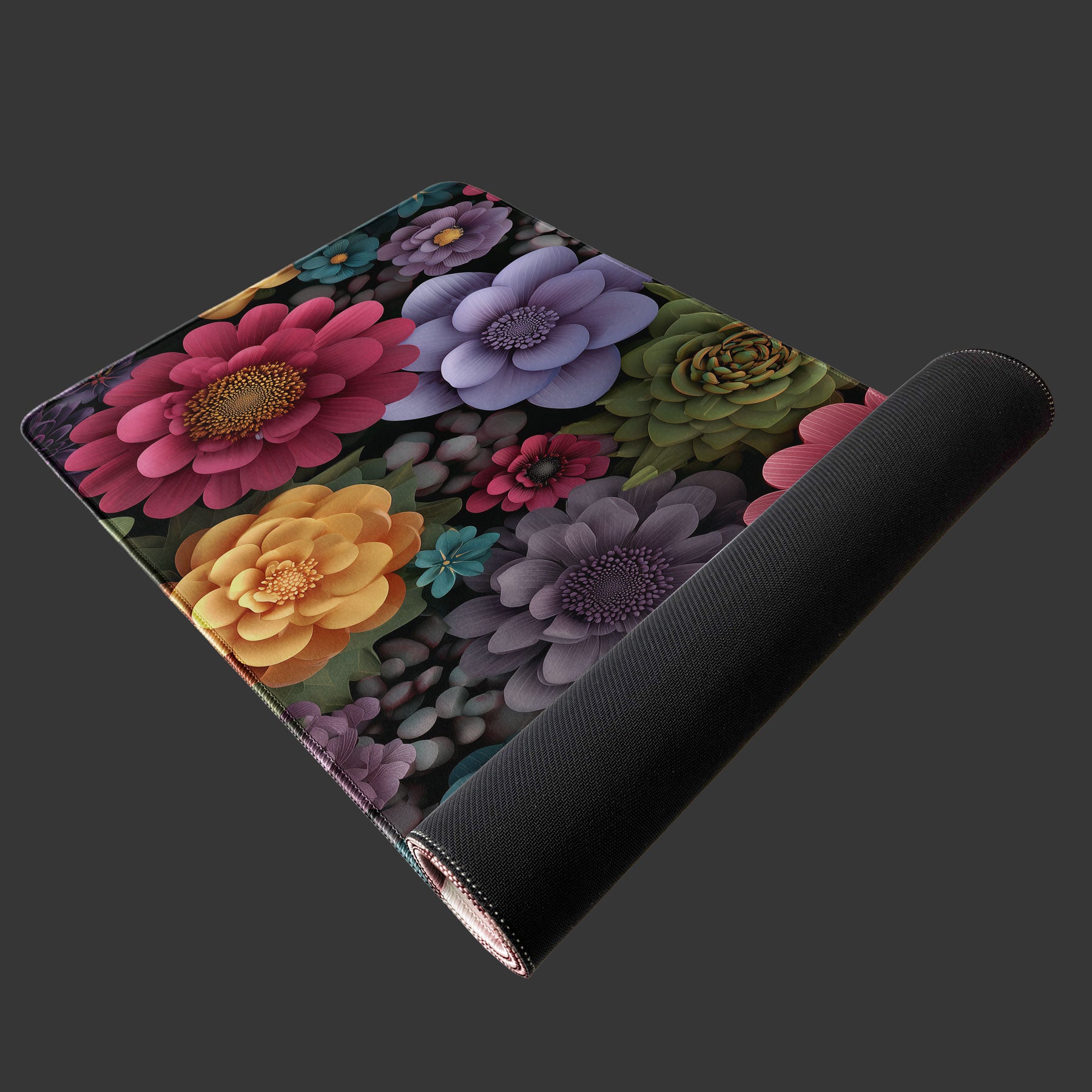 Elegant blooming garden desk mat with vibrant 3D flower details