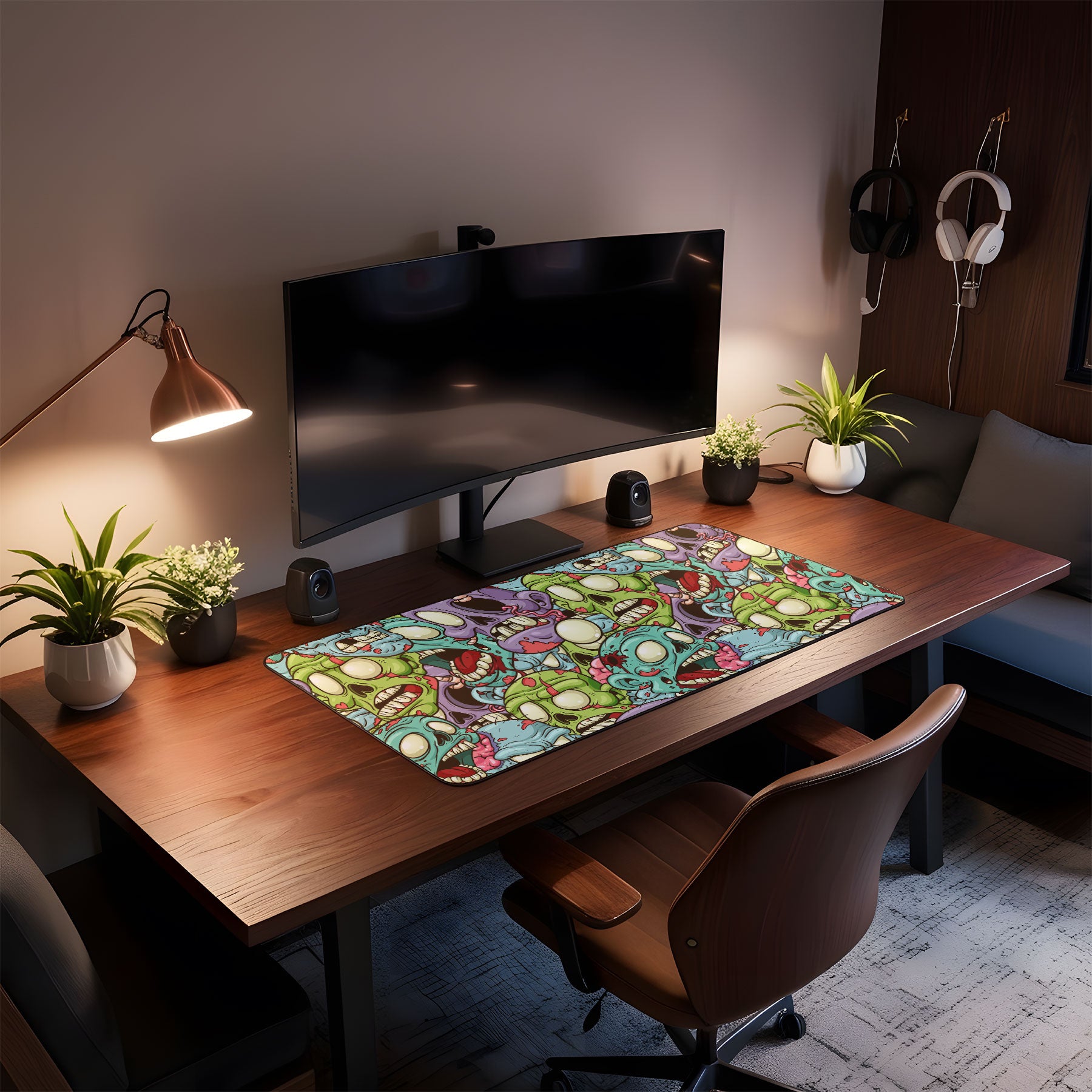 Extended gaming desk mat featuring colorful zombie heads.