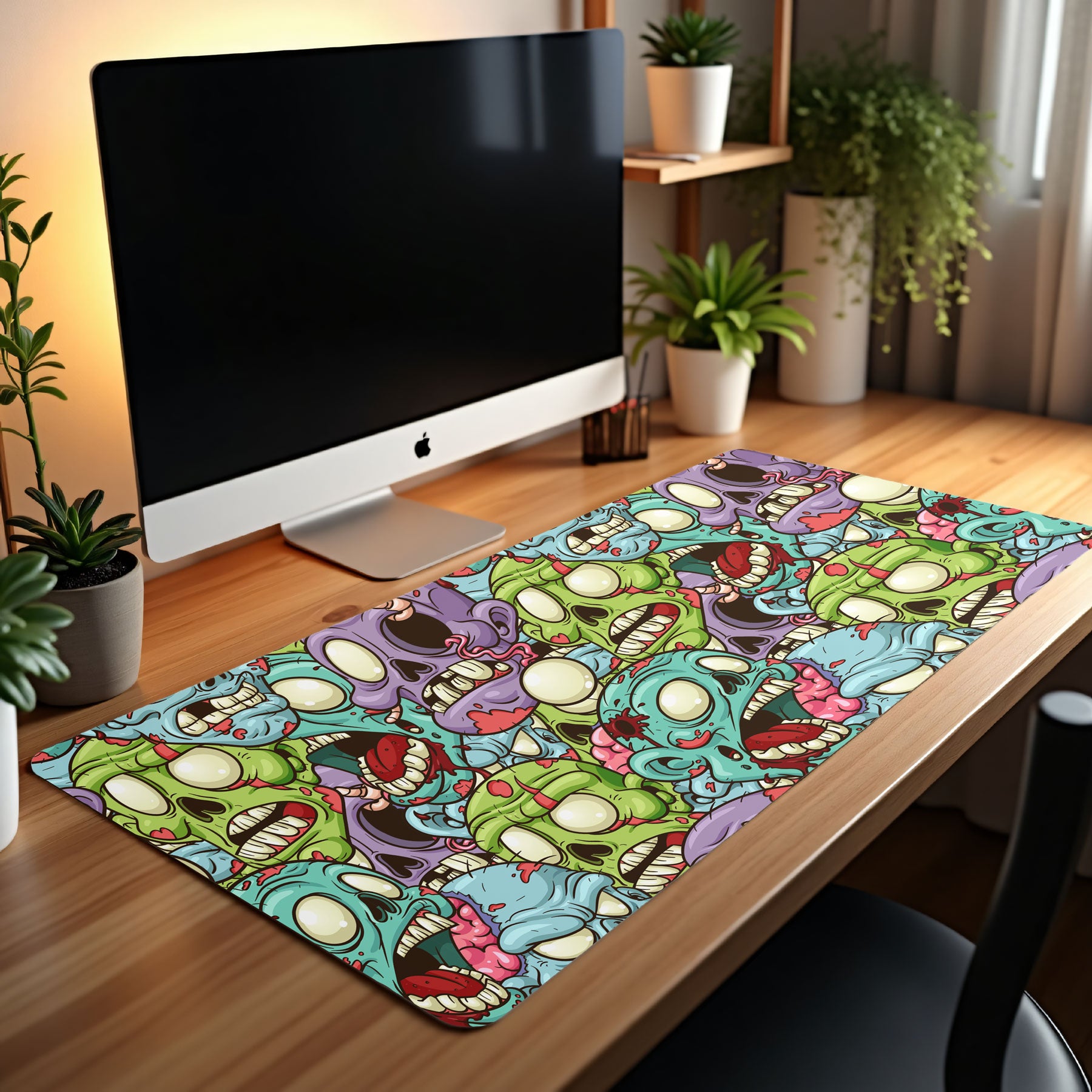 Colorful cartoon-style mouse pad on a desk with a computer monitor