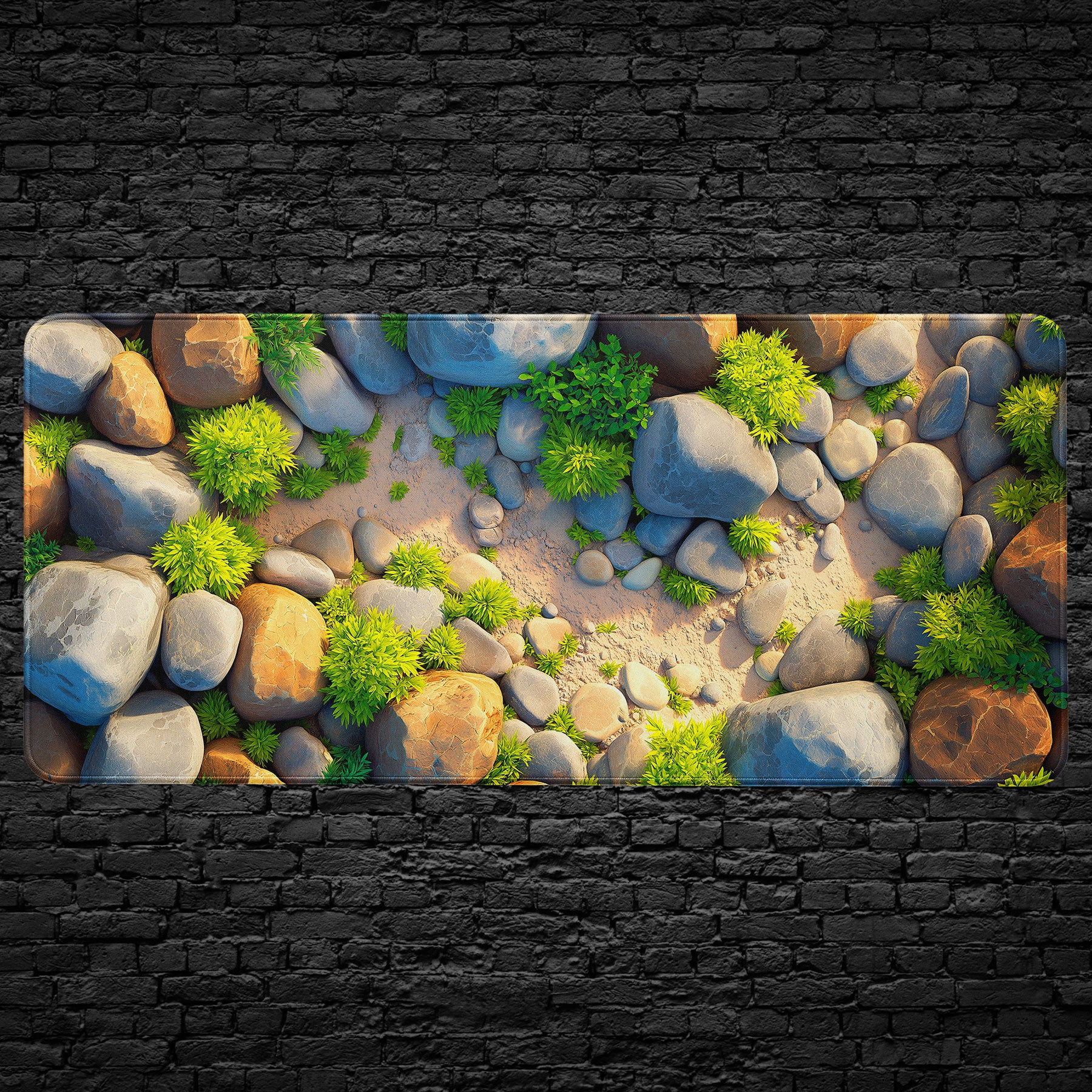 Desk mat featuring top-view stones and green leaves for a natural look.