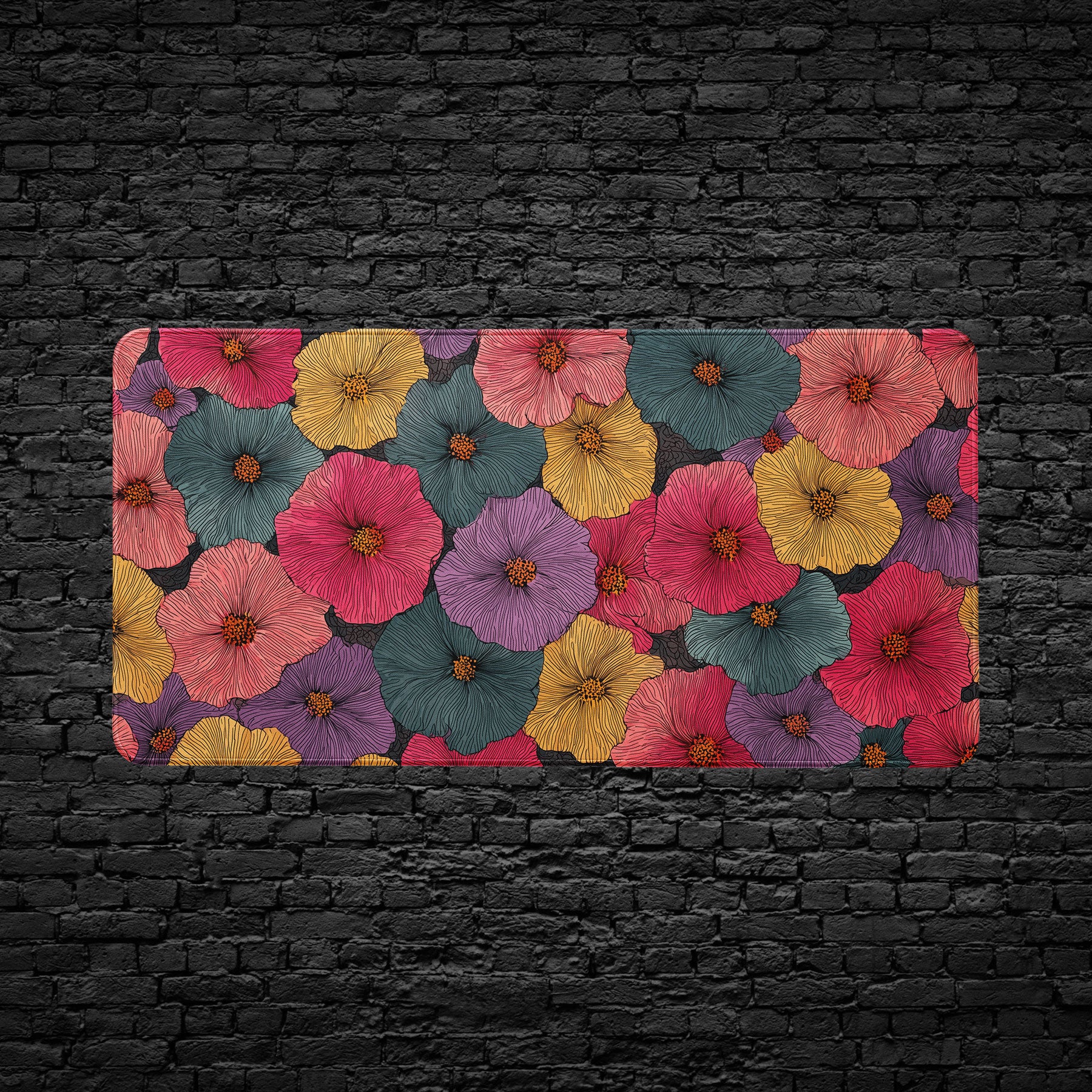 Extended floral desk mat with bold multicolor hibiscus-style design.