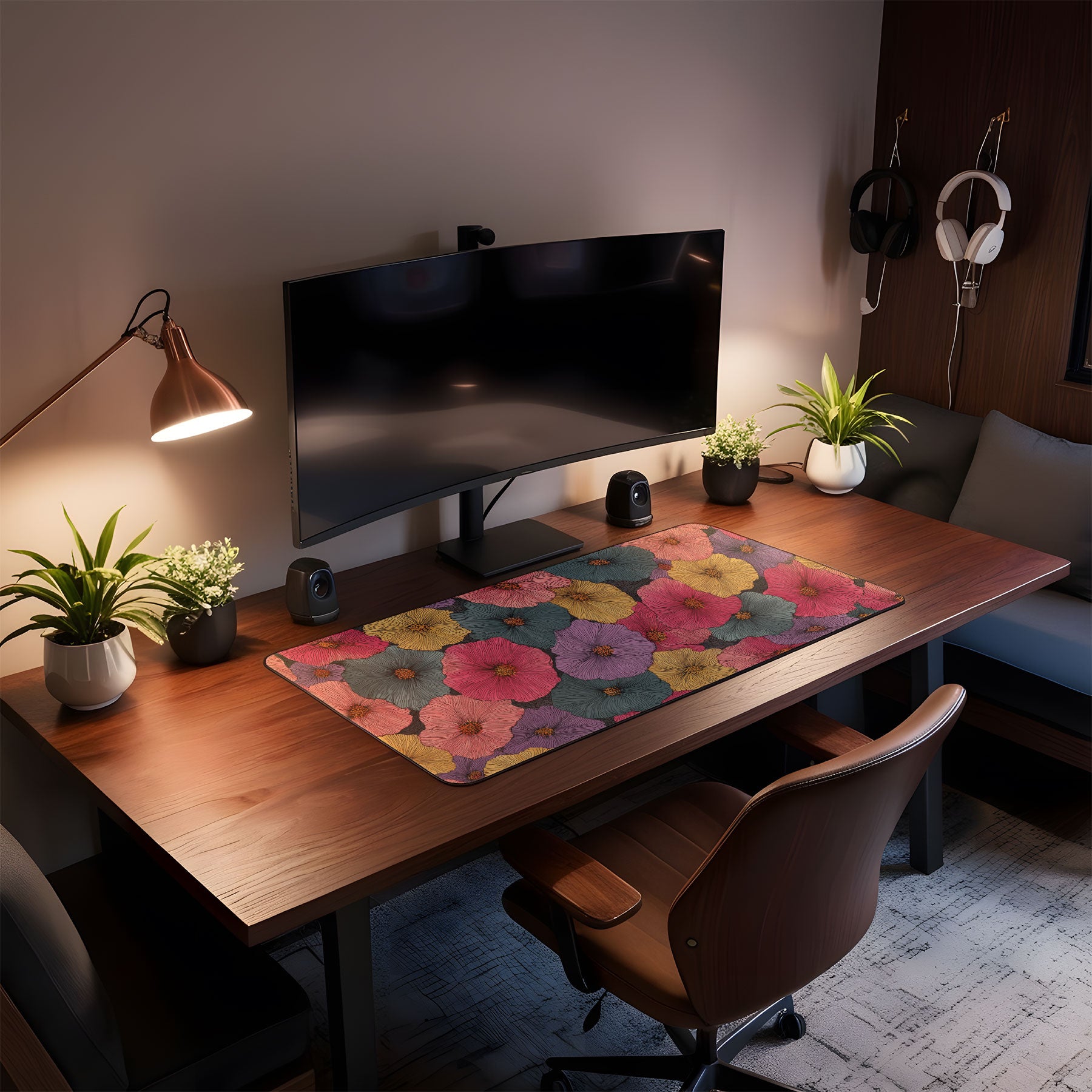 Home office setup with a desk, computer monitor, and decorative elements.