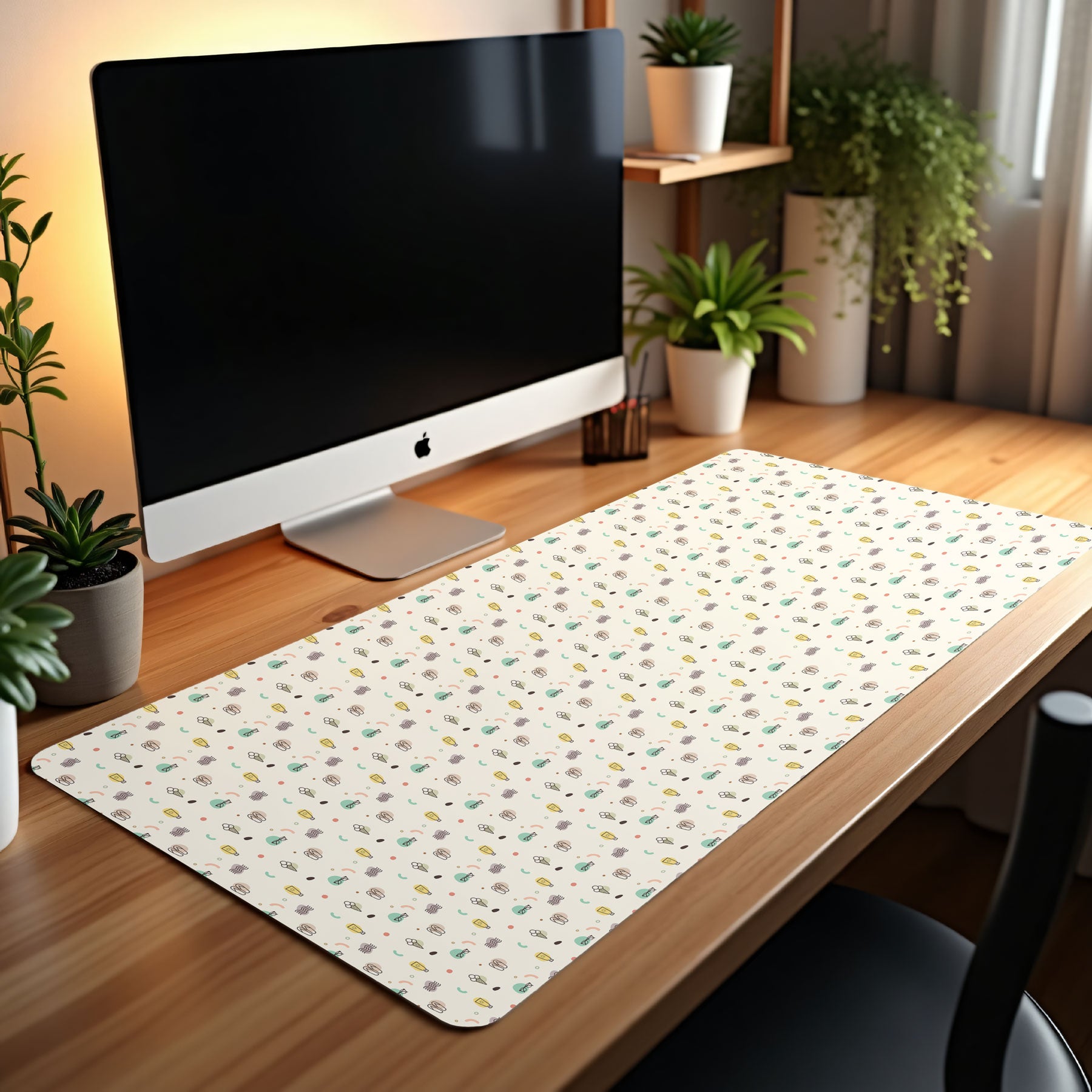 Desk setup with a computer monitor and decorative desk mat on a wooden surface.