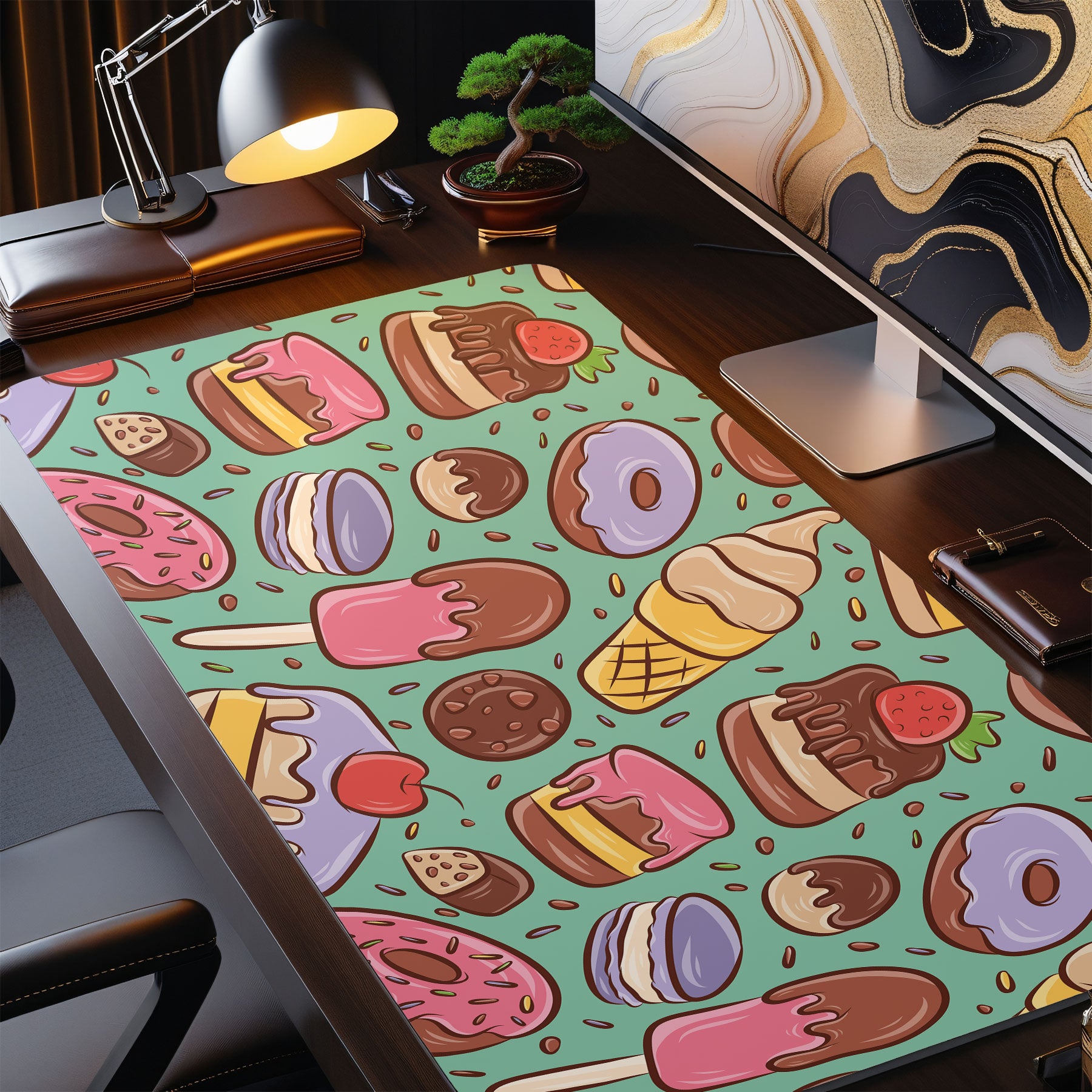 Hand-drawn sweets design desk mat with ice cream and pastries