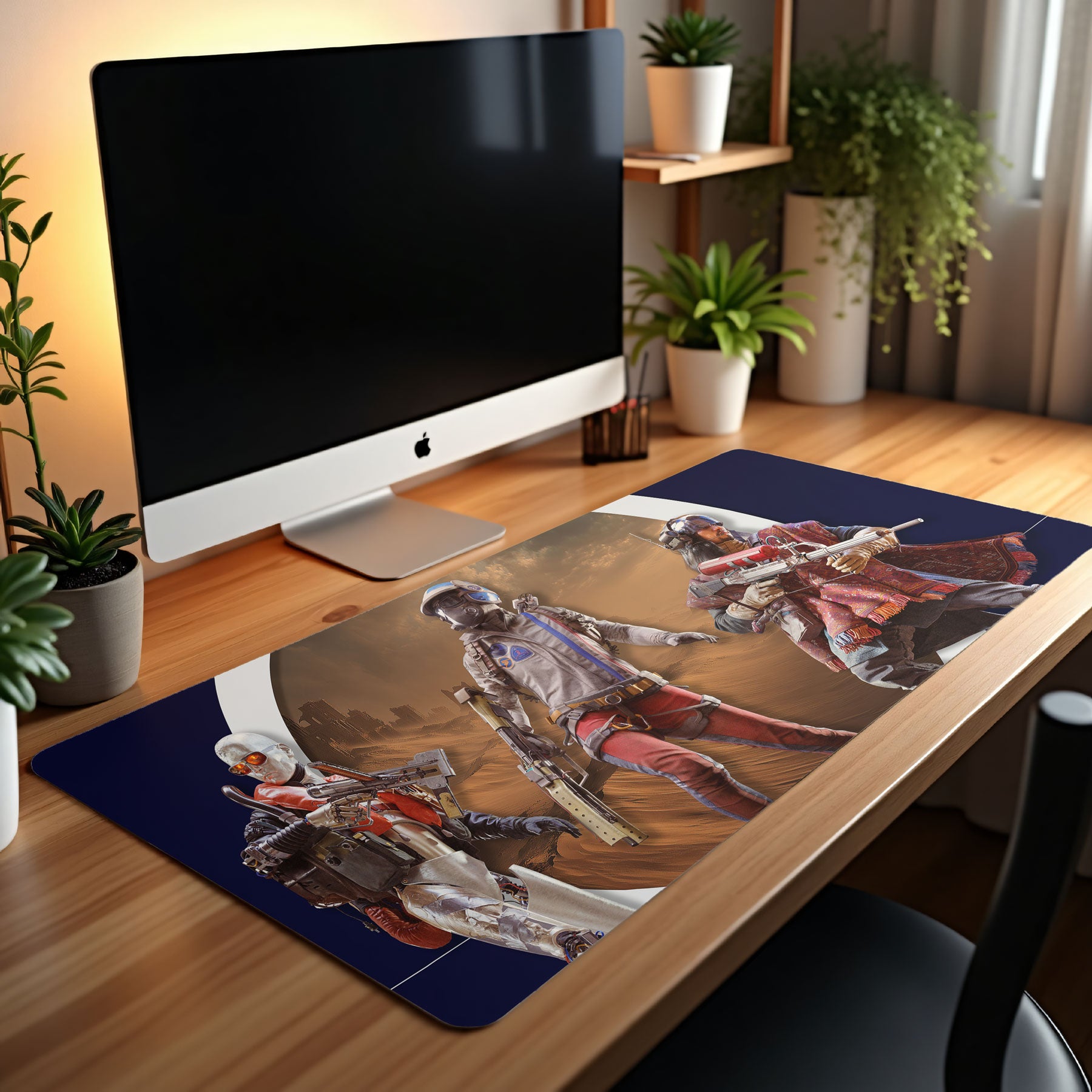 ARC Raiders Desk setup with a computer monitor and a large mouse pad featuring a fantasy scene.