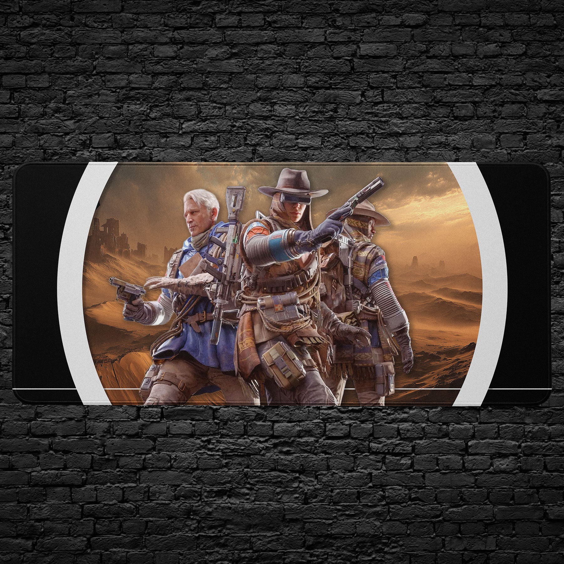 ARC Raiders Gaming mouse pad with characters in a desert setting on a black brick wall background