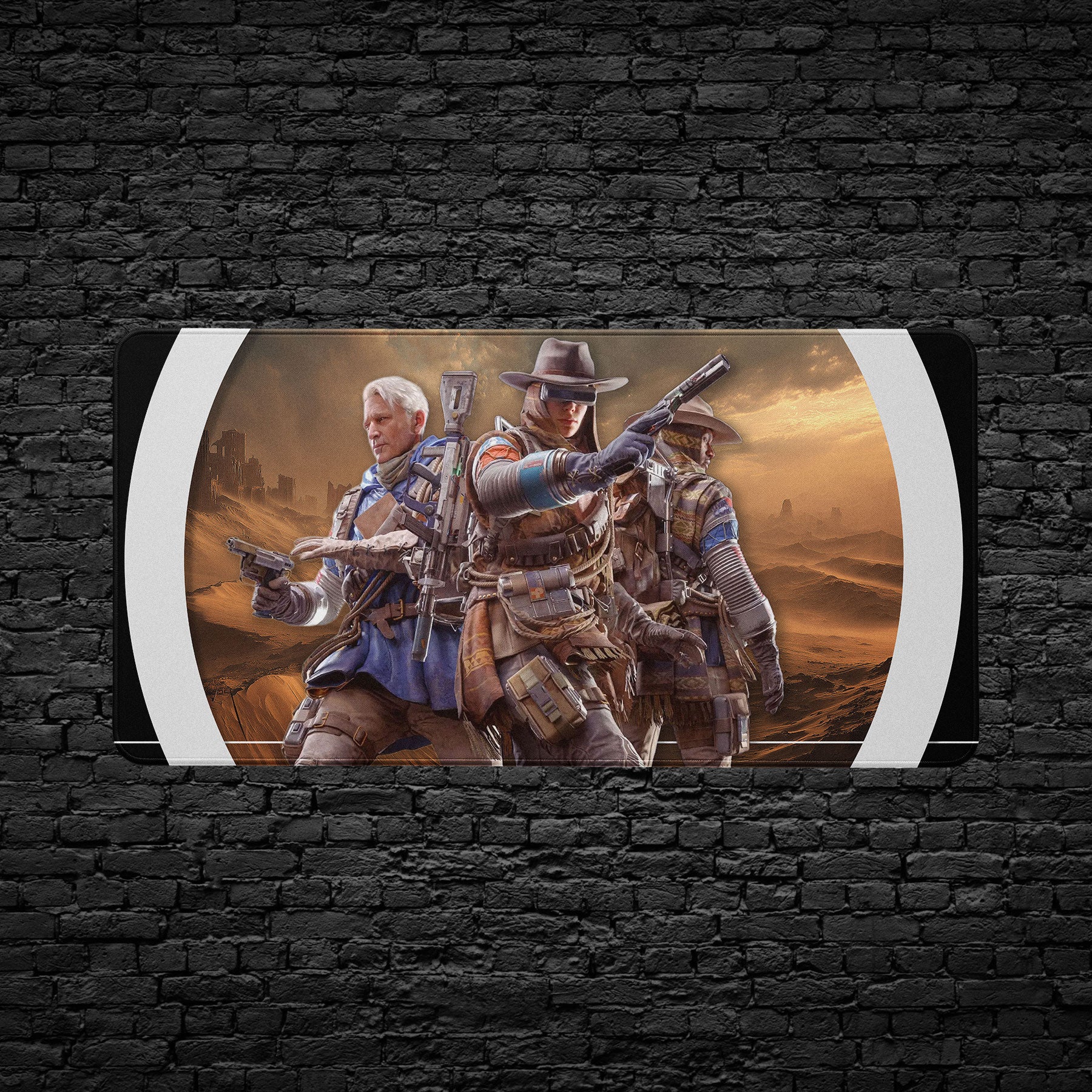 Futuristic weapon with three characters in a desert setting desk mat - ARC Raiders