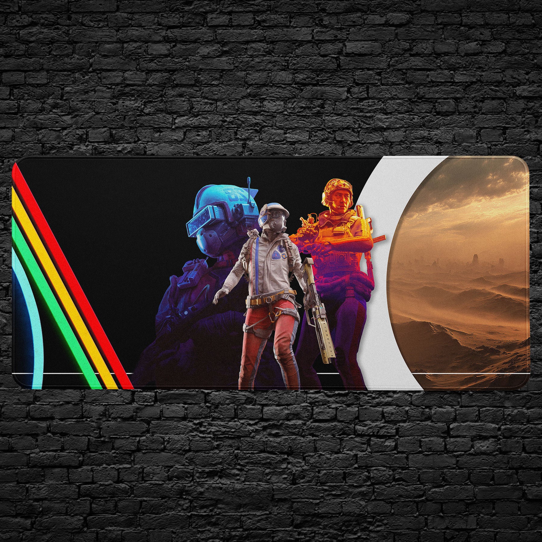 ARC Raiders Desk mat Futuristic characters with colorful stripes on a black brick wall background