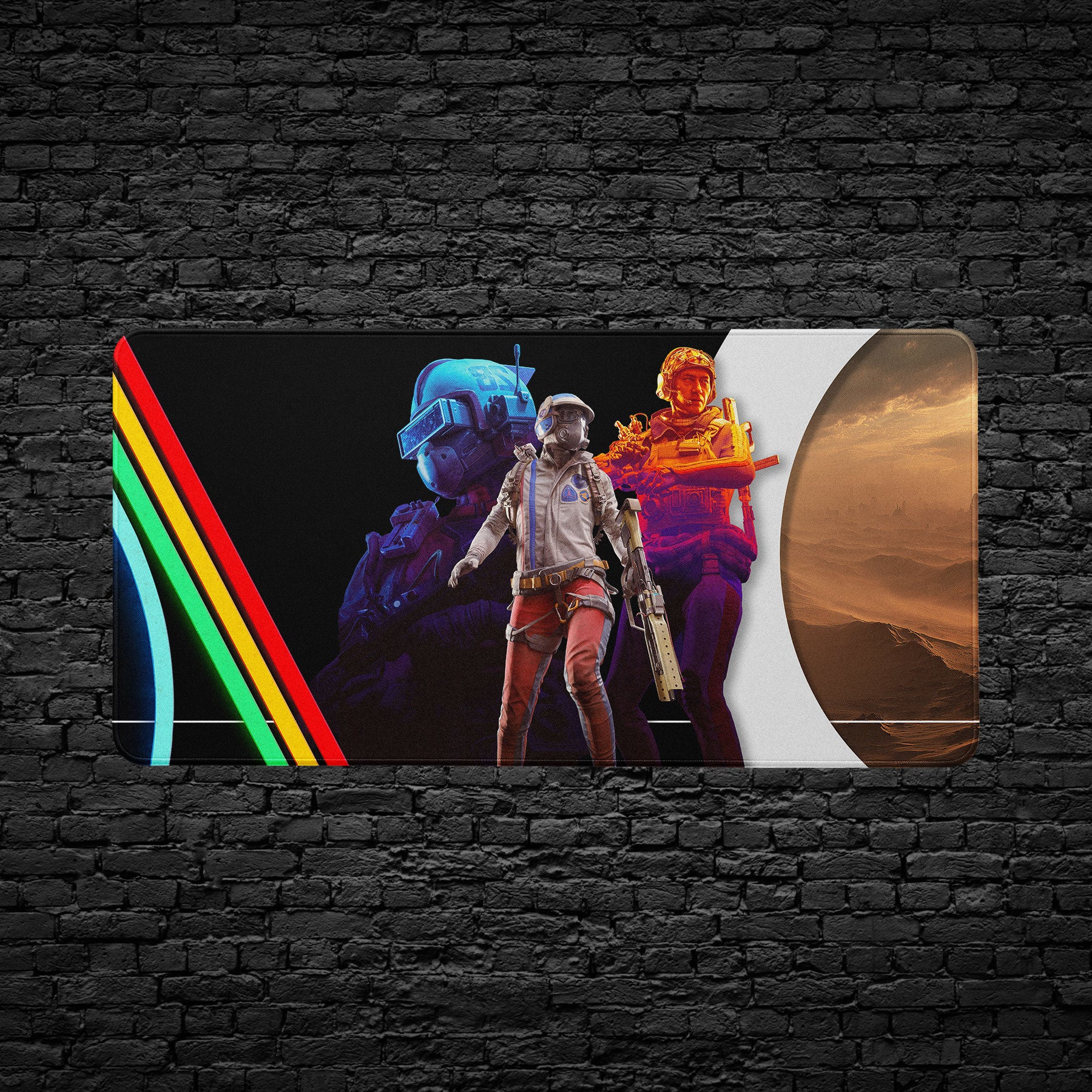 ARC Raiders Futuristic design with characters and colorful elements on a black brick wall background