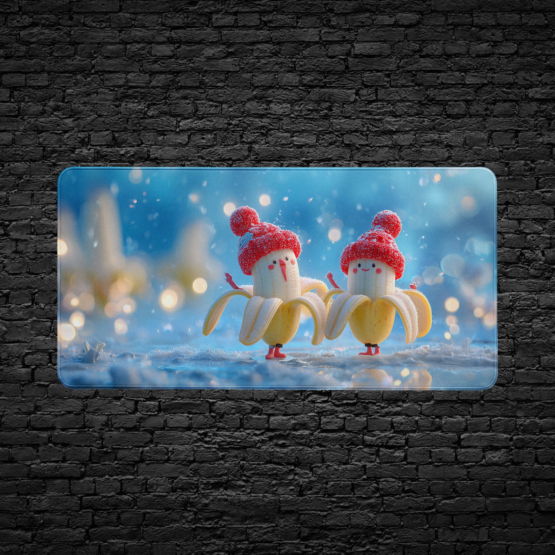Two cartoonish banana characters with red hats standing on a snowy mouse padbackground