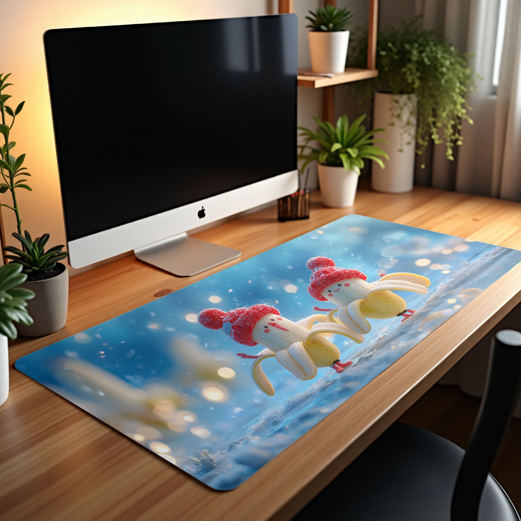 Desk setup with a computer monitor and a decorative mouse pad featuring cartoon characters.