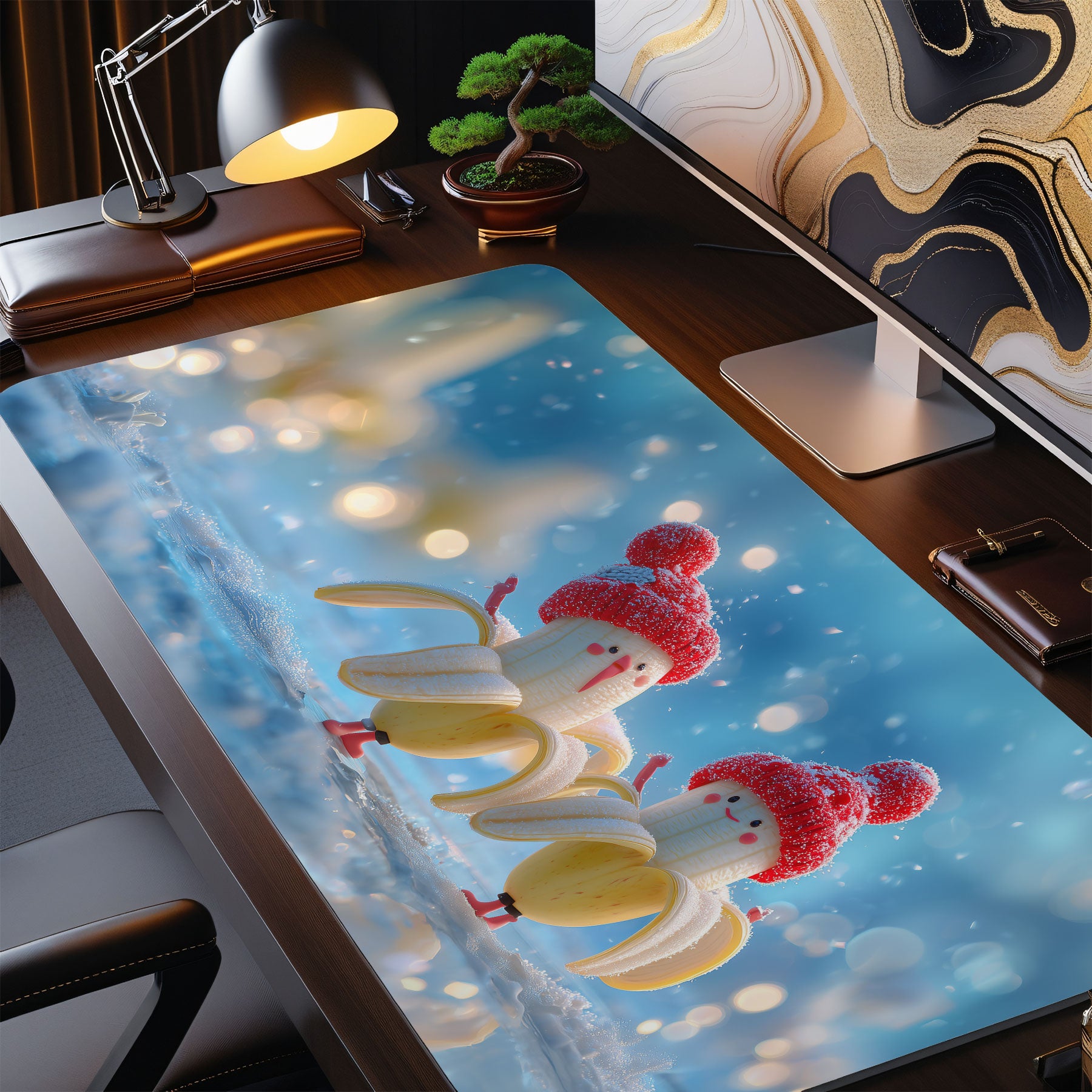 Desk setup with a large mouse pad featuring snowmen designs.