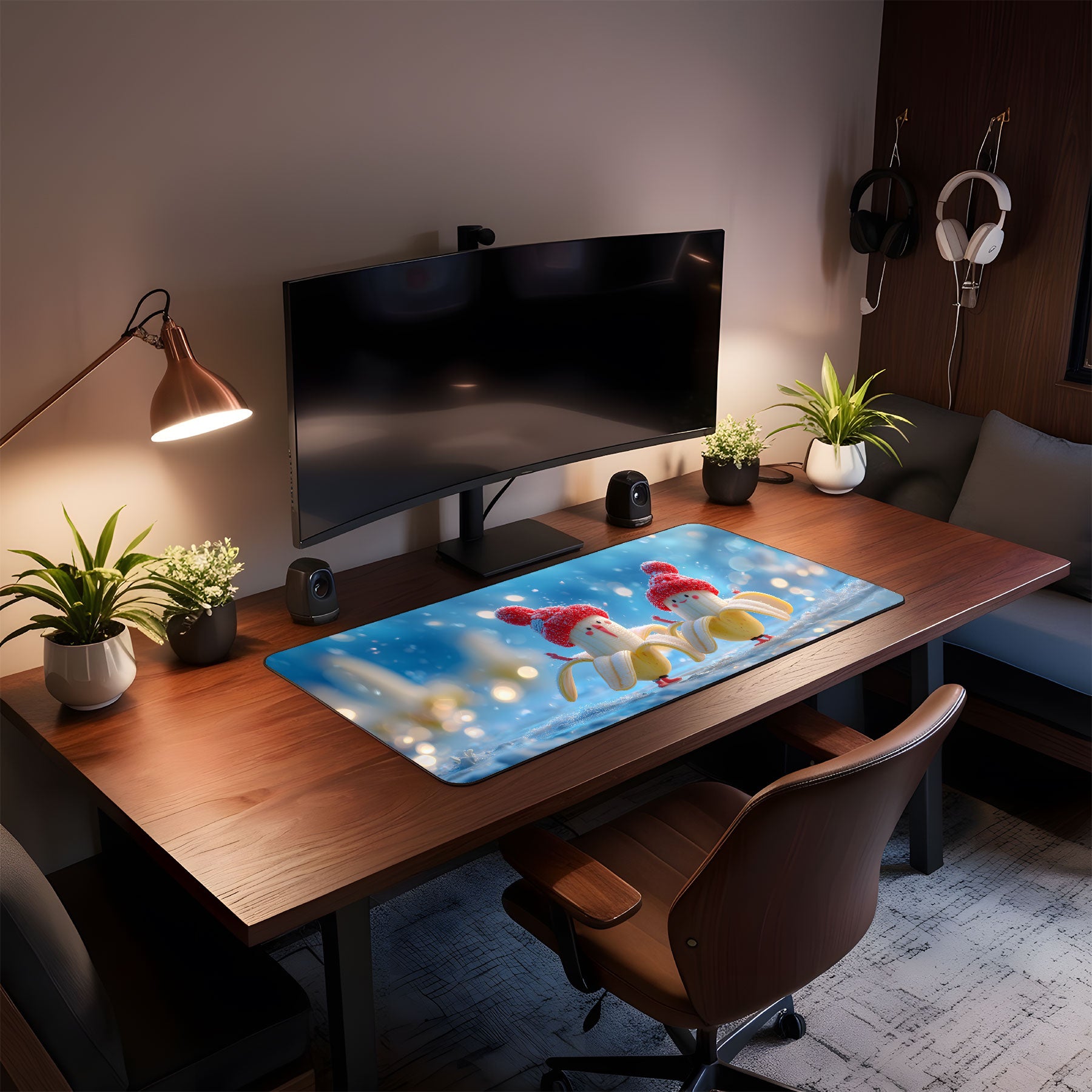 Home office setup with a desk, computer monitor, and decorative elements.