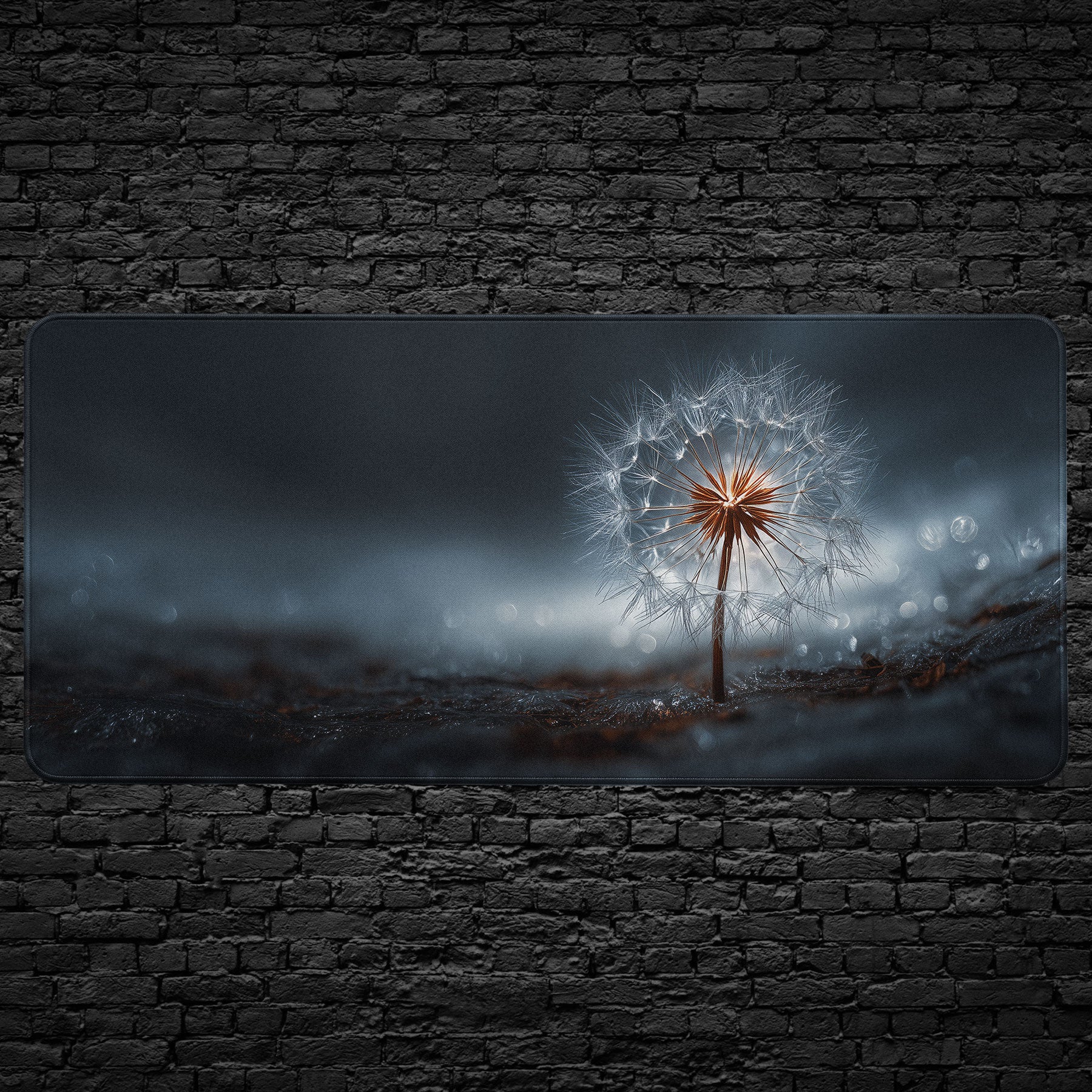 Gaming mouse pad with a dandelion design on a dark brick wall background