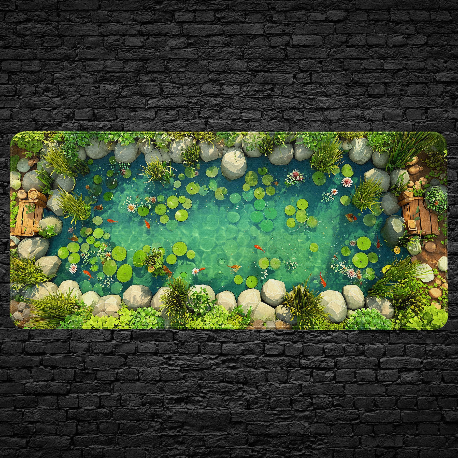 Koi pond desk mat with water lilies and colorful fish design