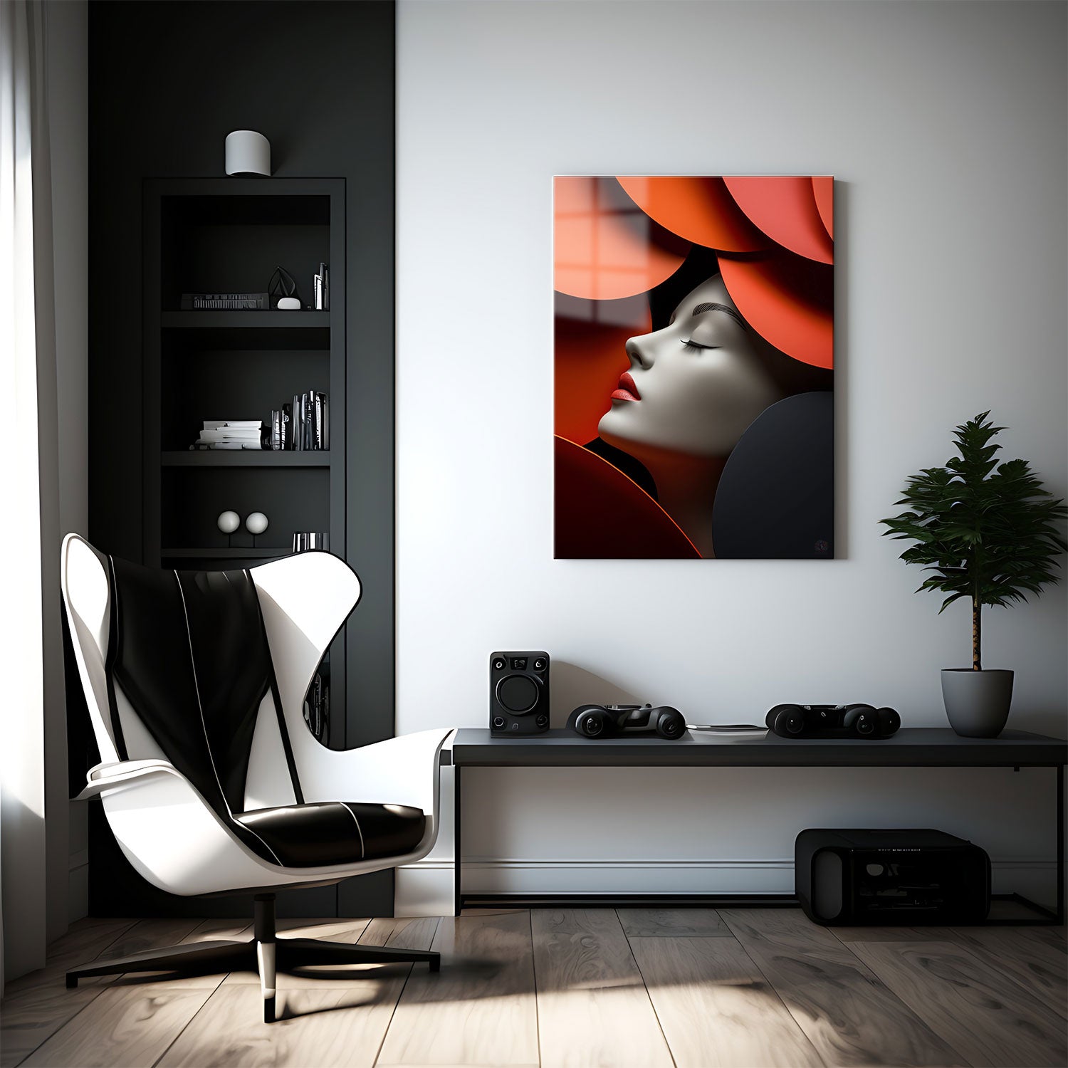 The soft, grayscale profile of a woman is enveloped by vibrant, overlapping red and orange circles, creating a surreal and futuristic aesthetic.