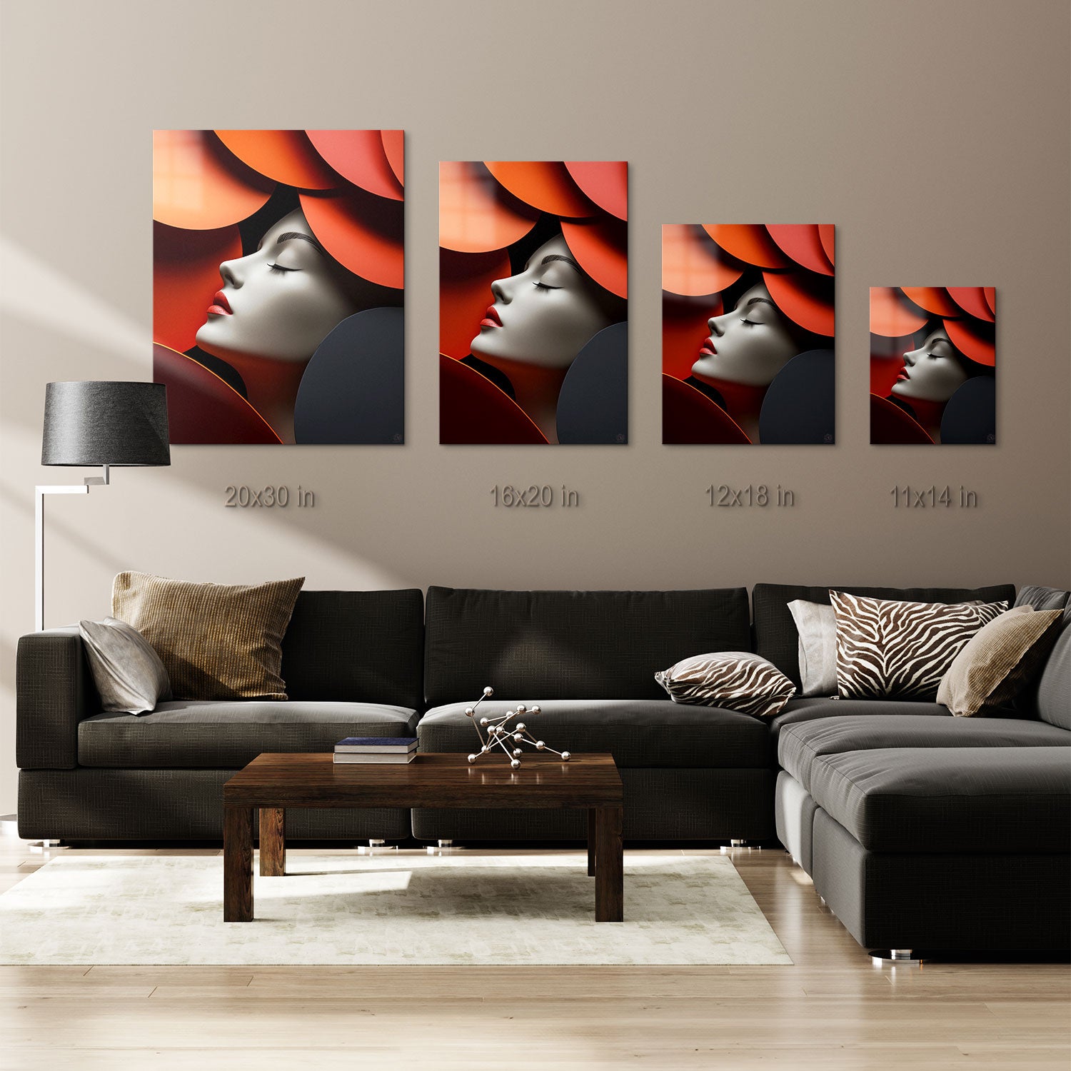 The play of color and texture, alongside the serene expression of the subject, invites viewers to experience both tranquility and intensity, offering a perfect blend of minimalism and bold contrast.