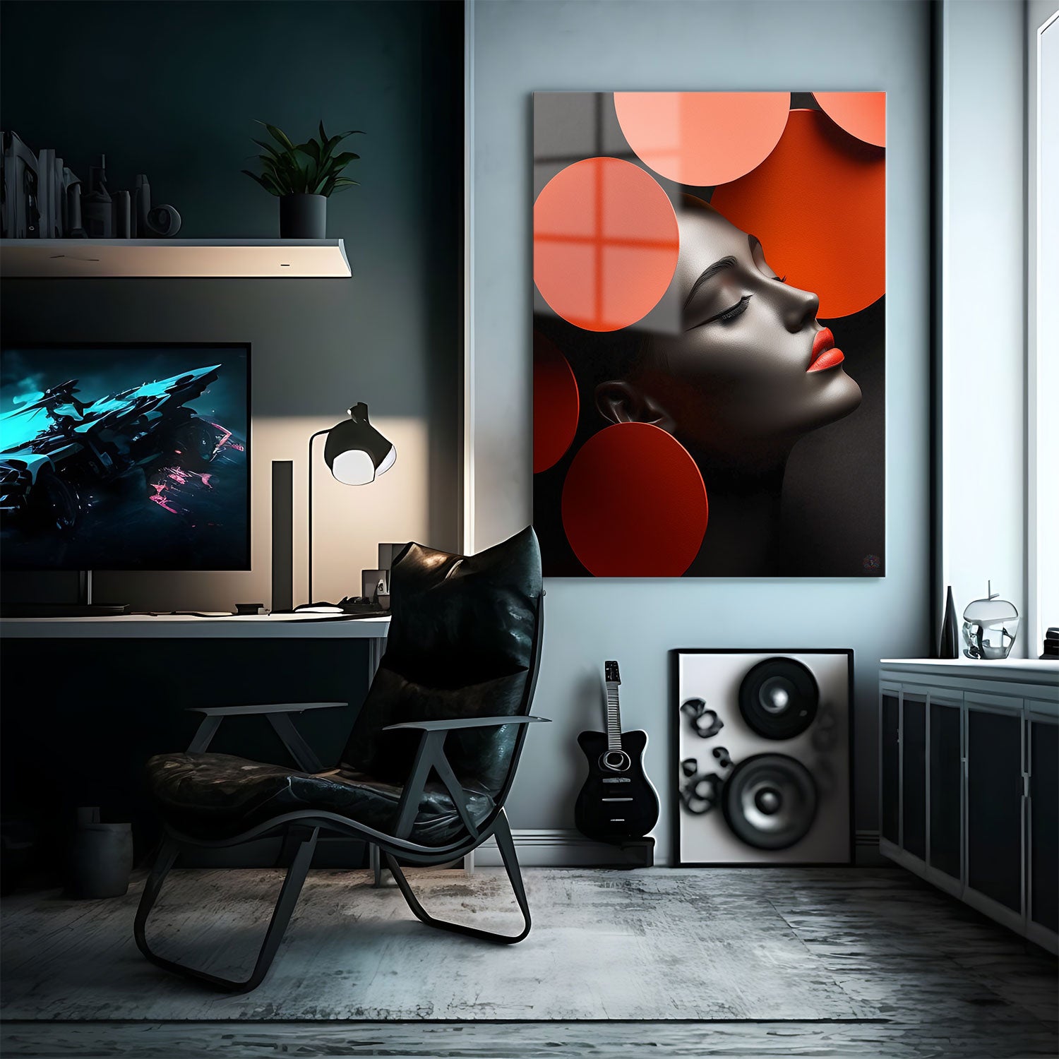 "Scarlet Silence" portrays a sleek, minimalist face profile in a black and gray hue, contrasting beautifully with bold, bright red and orange geometric circles.