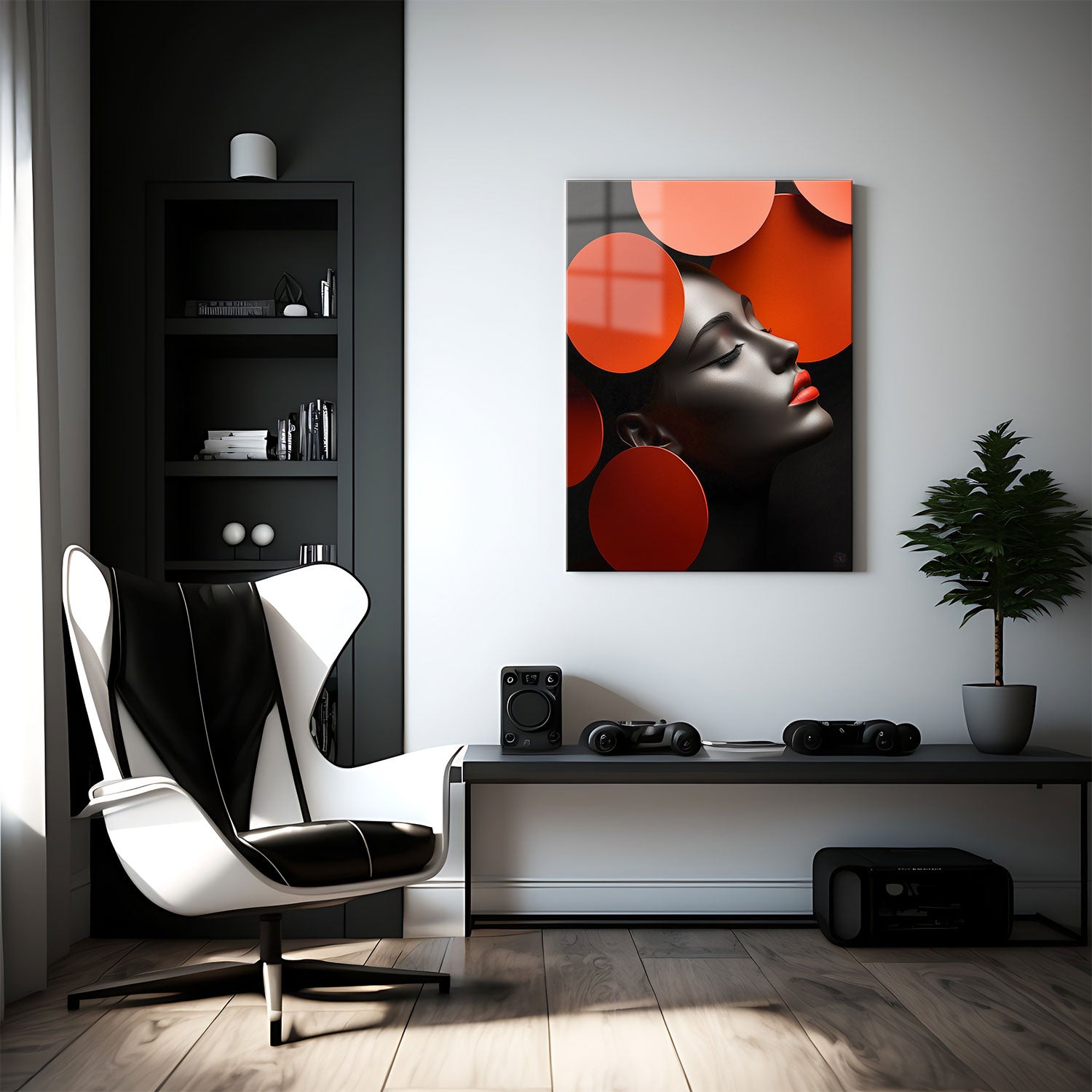 The balance between the soft expression and sharp color elements creates a dynamic tension, evoking both elegance and mystery.