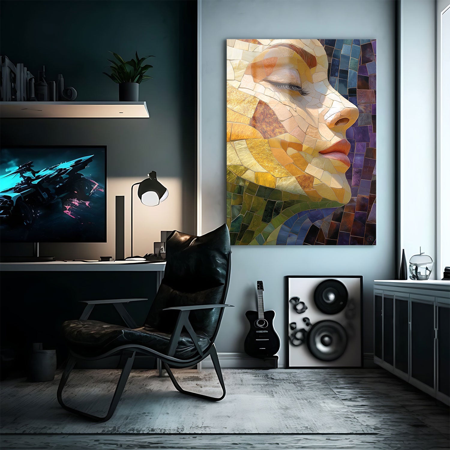 "Mosaic Serenity" is a stunning portrayal of a serene female face, crafted with intricate mosaic patterns in a vibrant palette of warm earthy tones, yellows, and deep purples.