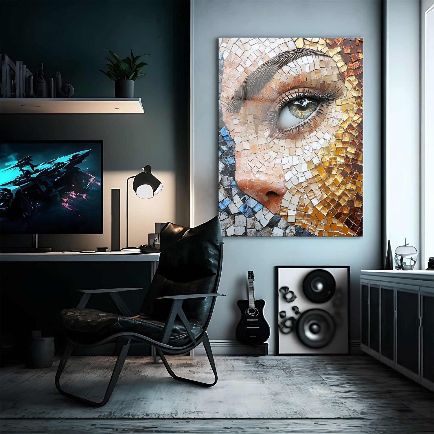 "Mosaic Gaze" is a captivating artwork that focuses on the expressive eye of a woman, meticulously crafted with an array of colorful mosaic tiles.