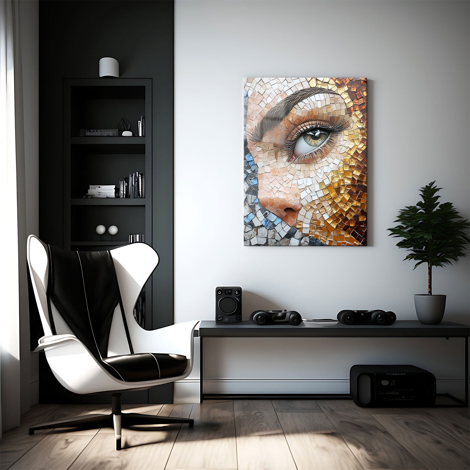 The piece combines shades of warm browns, golds, and subtle blues, creating a rich texture that captures the viewer's attention.