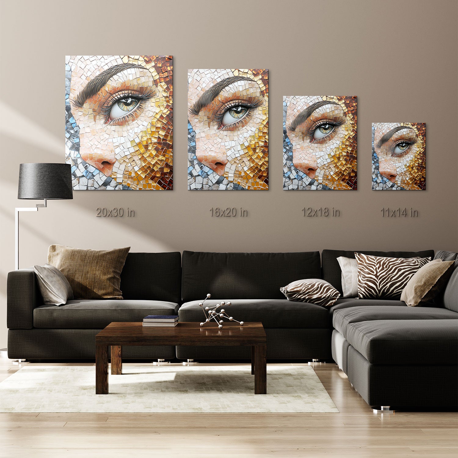 The intricate arrangement of tiles mimics the natural flow of facial features, enhancing the depth and realism while maintaining a vibrant, abstract quality.