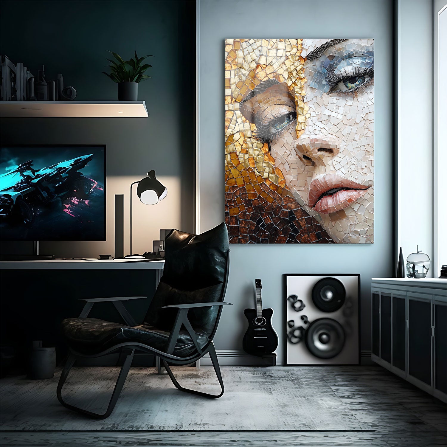 "Ethereal Mosaic Beauty" is an exquisite artwork that captures the serene expression of a woman's face, rendered in a stunning mosaic design.