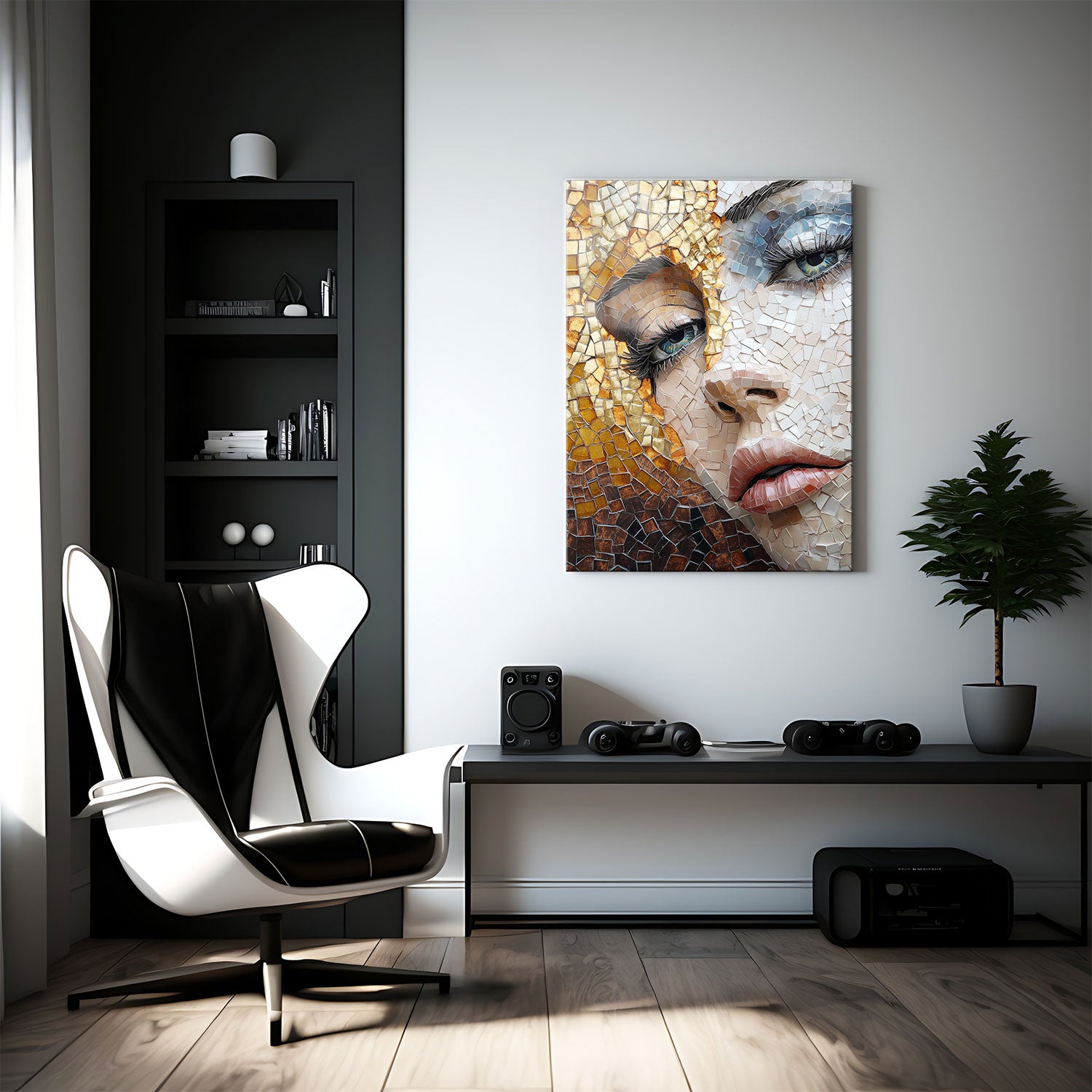 The intricate placement of warm gold, bronze, and cool blue tiles creates a delicate interplay of light and shadow, enhancing the depth and emotion of the portrait.