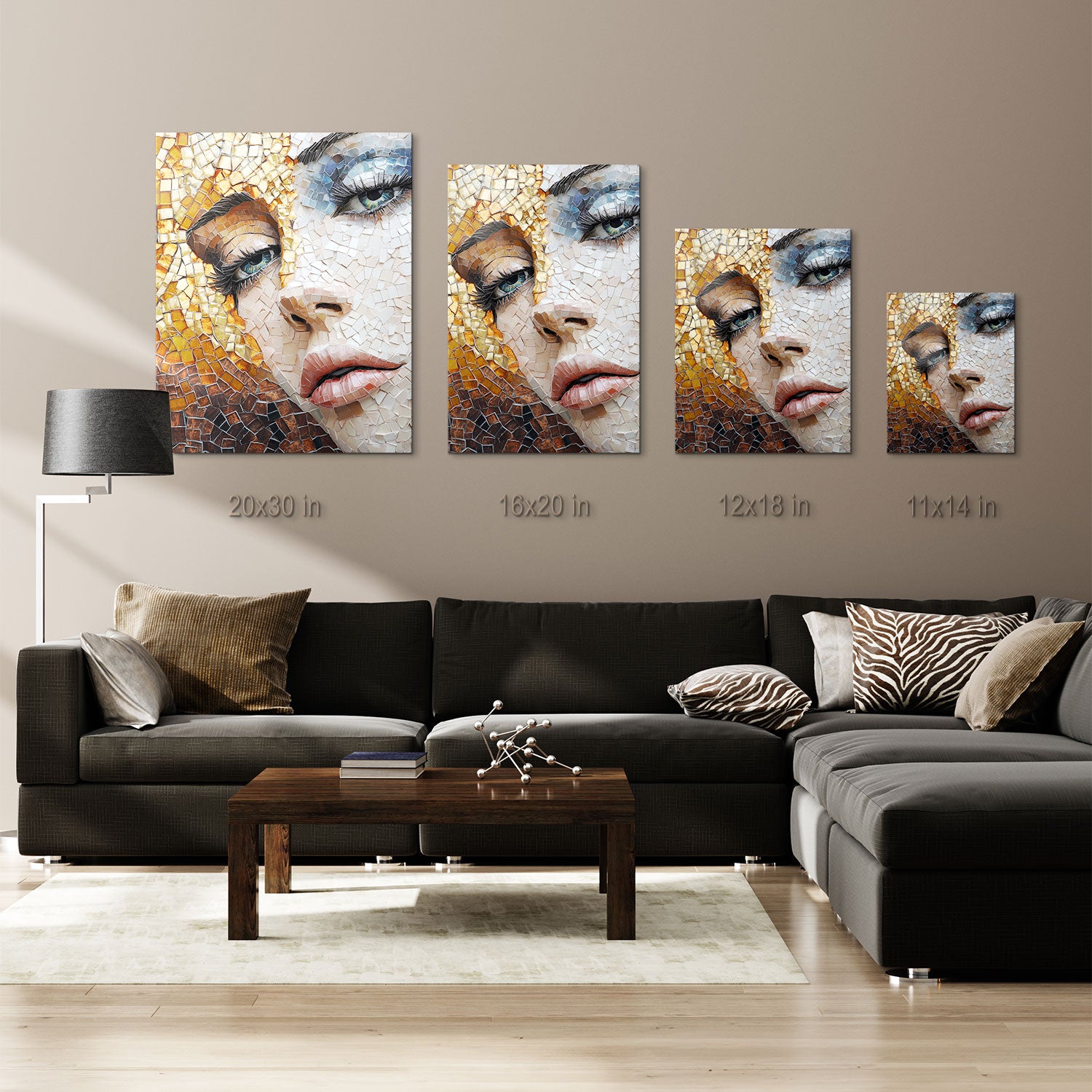 Each tile contributes to the overall texture, giving the piece a sense of dimension and vibrancy.