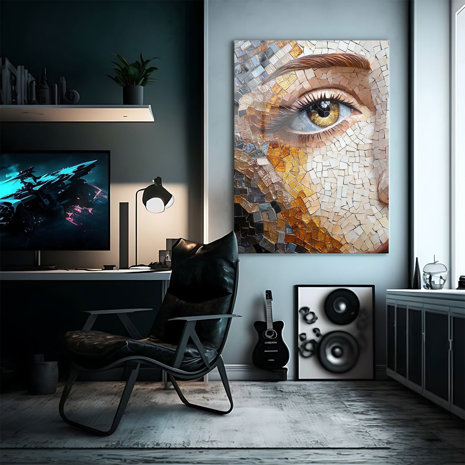 Golden Gaze Mosaic" is a mesmerizing close-up artwork focusing on the intricate details of a woman's eye, crafted with a vibrant array of mosaic tiles.