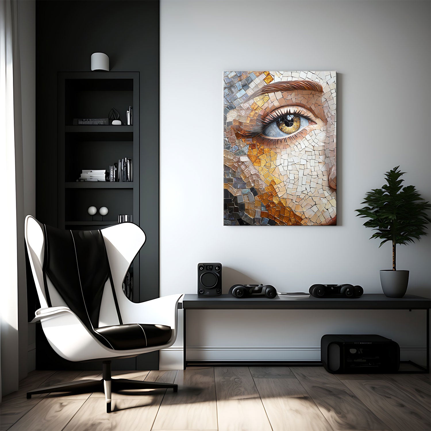 The warm golden and amber hues blend seamlessly with cooler shades of blue and grey, creating a captivating play of colors. Each tile adds to the texture and depth, making the eye appear almost lifelike, with a stunning glimmer that draws the viewer in.