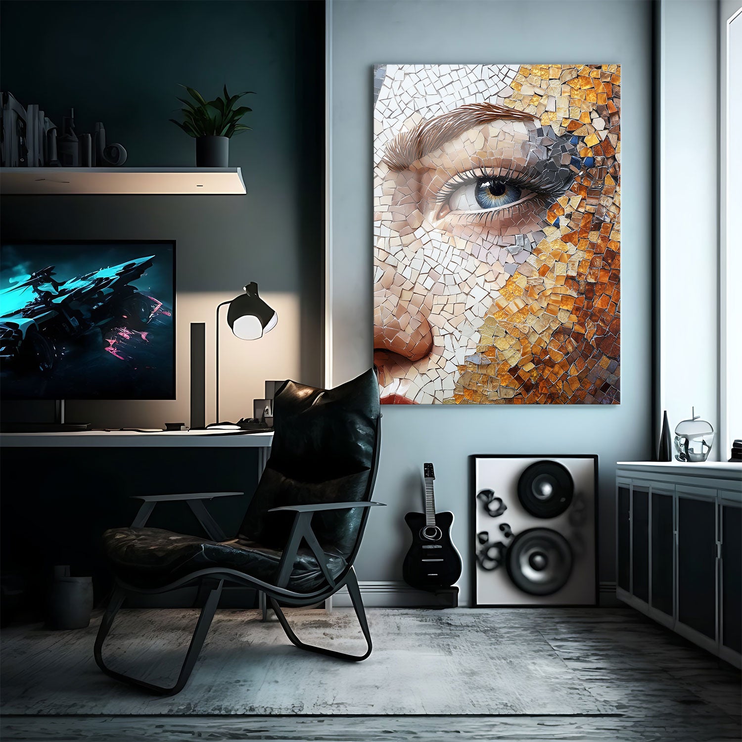 "Mosaic of Reflection" is a stunning close-up artwork capturing the beauty of a woman's face through a vibrant mosaic of tiles.