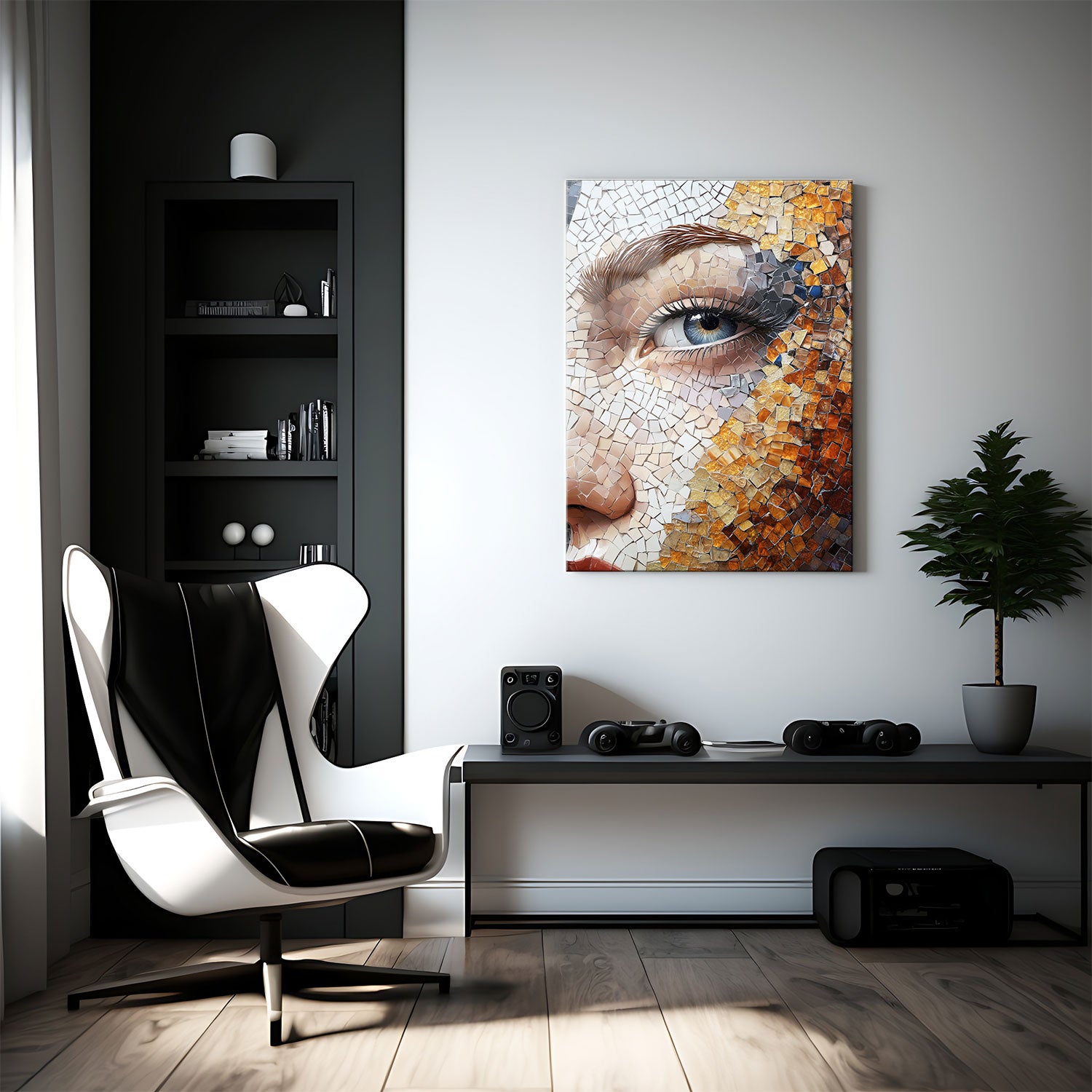 The intricate details of the eye, with its serene blue hue, are complemented by a gradient of warm golds, deep browns, and neutral tones. Each tile is carefully placed to create a harmonious blend of colors and textures, evoking a sense of depth and emotion.