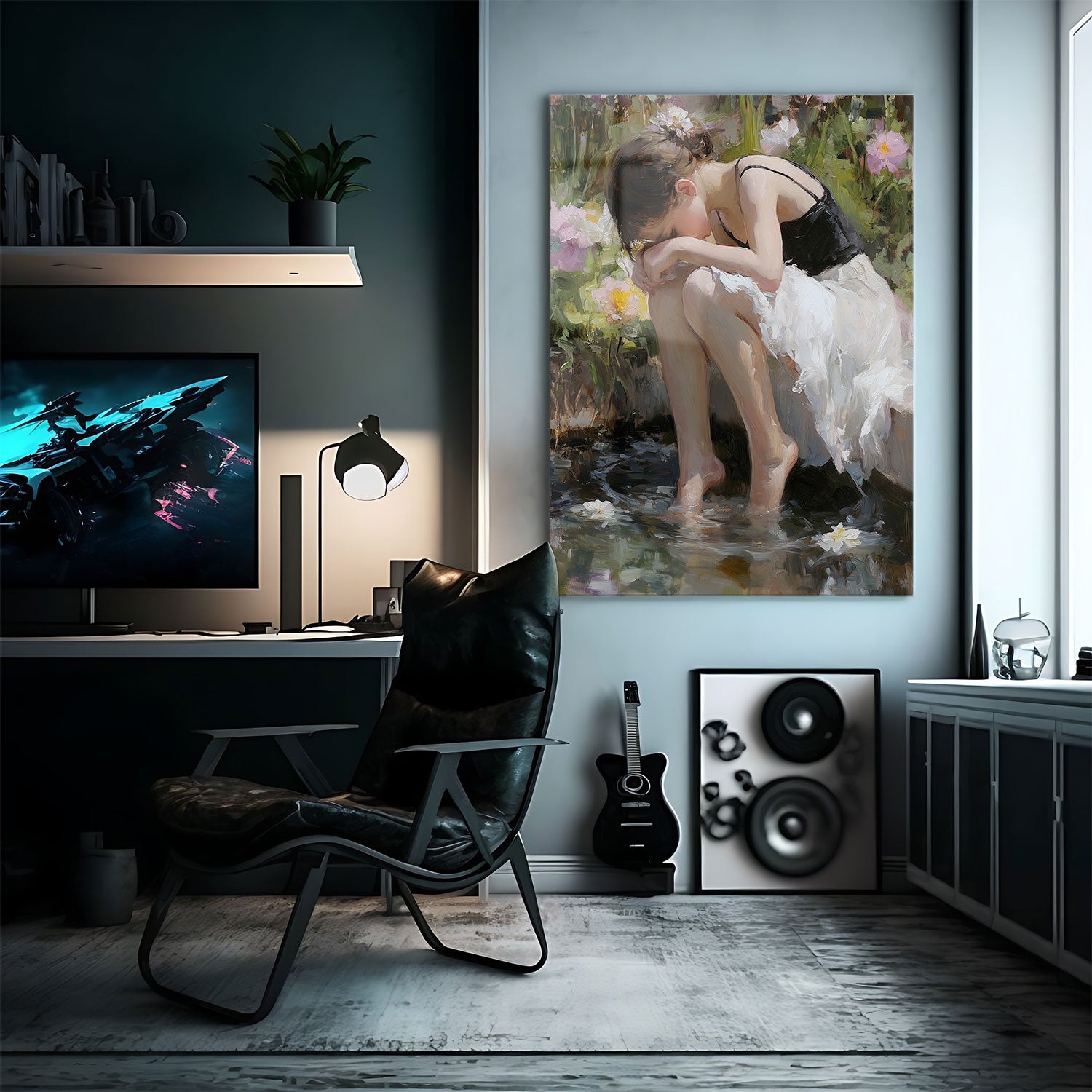 "Quiet Reflection by the Water" is an impressionist painting that captures a serene moment of solitude.