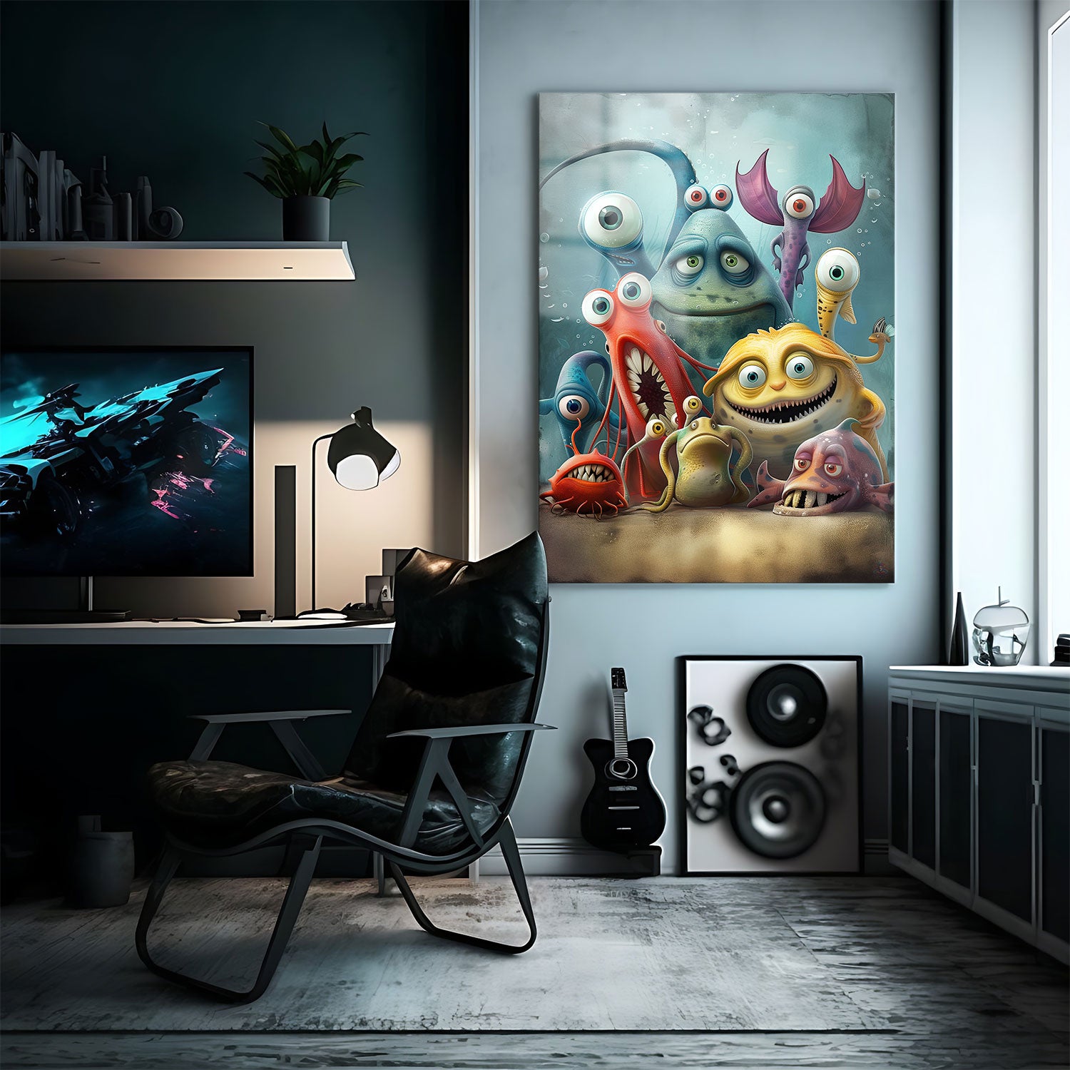 A humorous and imaginative portrayal of quirky sea creatures gathered together in a surreal underwater scene.