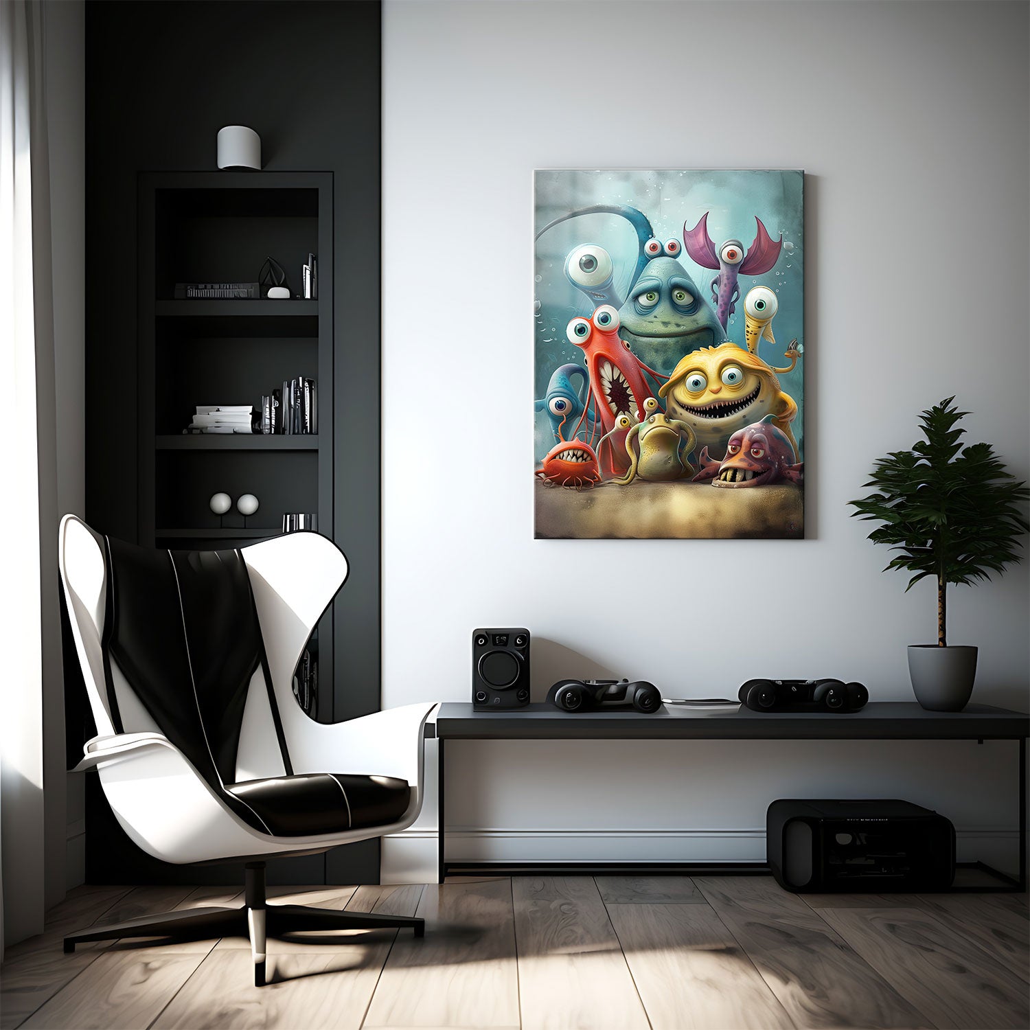 Each character has distinct features and exaggerated expressions, from wide eyes to sharp teeth, showcasing a playful take on oceanic life.