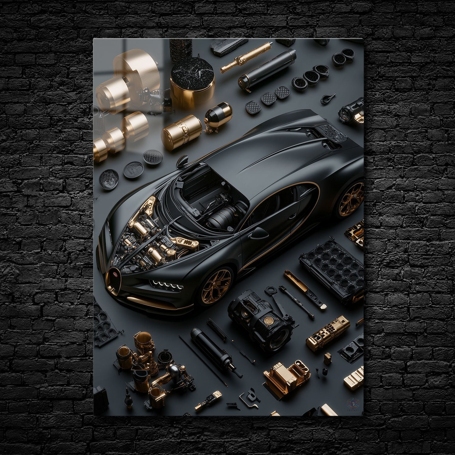 Detailed knolling arrangement of Bugatti Chiron parts, featuring a matte black car with gold accents, showcasing intricate engineering and luxurious design.