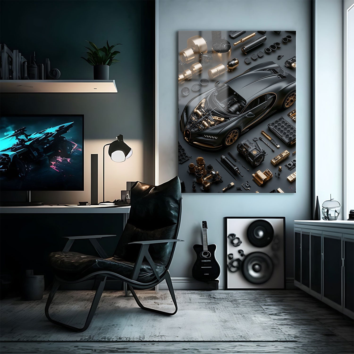 This stunning artwork showcases a detailed and intricate knolling arrangement of the iconic Bugatti Chiron.