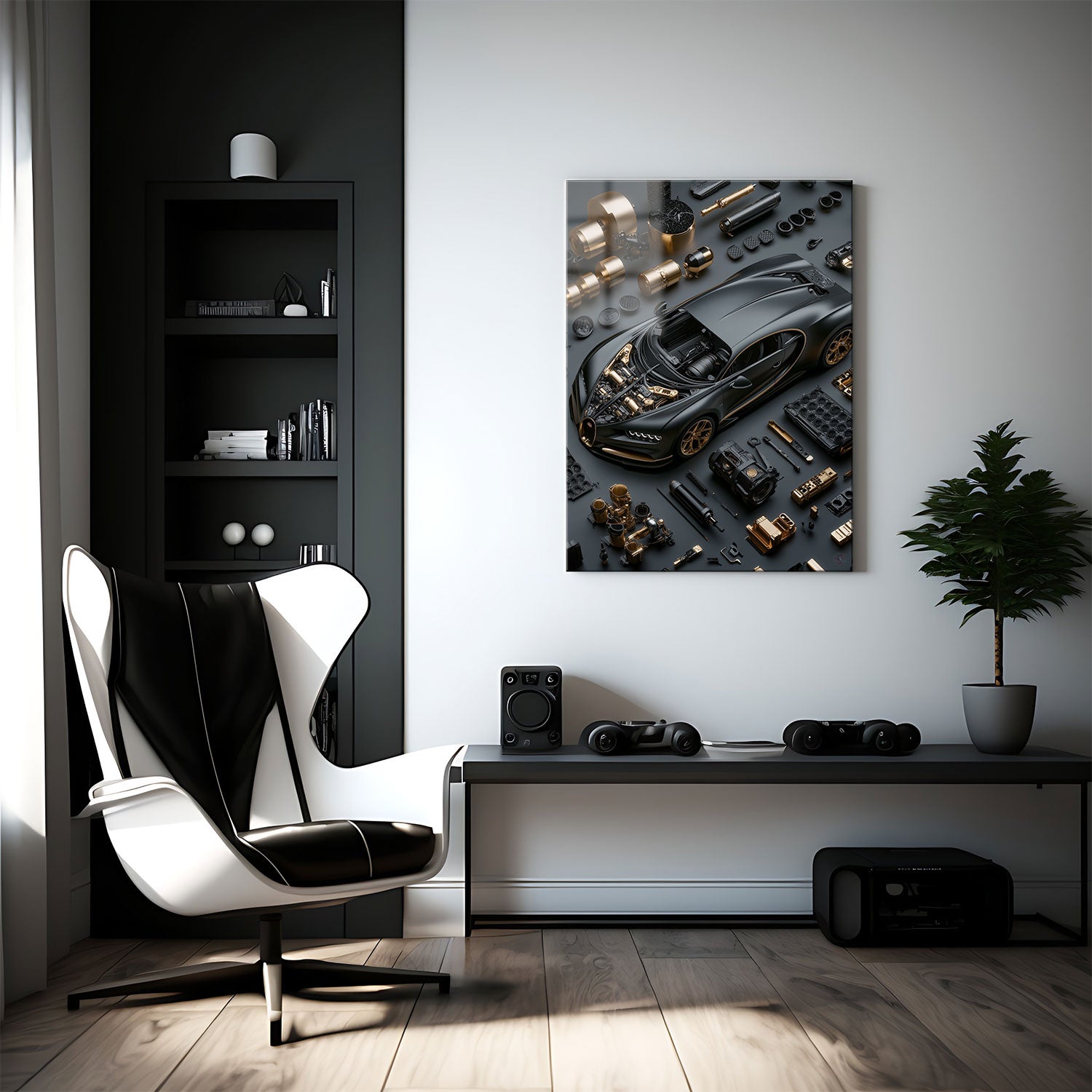 With its sleek, matte black finish and luxurious golden accents, the car parts are meticulously laid out, revealing the intricate craftsmanship and precision engineering that defines this high-performance supercar.