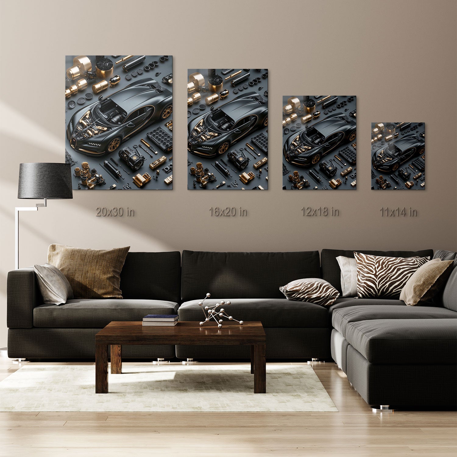 Each component is displayed with clarity, highlighting the sophistication and attention to detail. This piece captures the essence of automotive luxury, making it a perfect choice for car enthusiasts and lovers of engineering excellence.