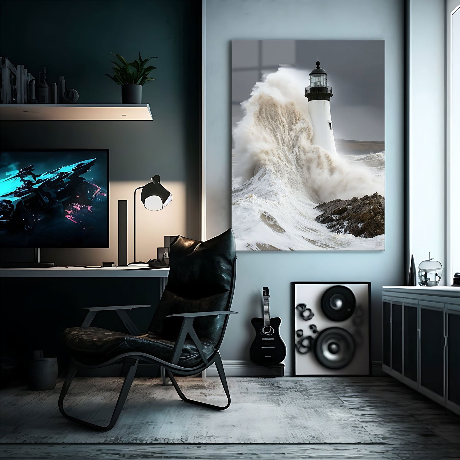 A powerful wave engulfs a steadfast lighthouse, symbolizing resilience against the elements.