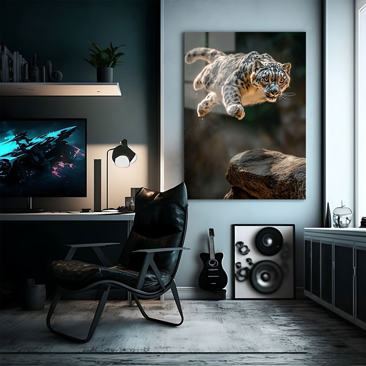 This captivating image captures the intense focus and raw power of a snow leopard mid-leap, showcasing its agility and strength as it leaps towards a rocky landing.