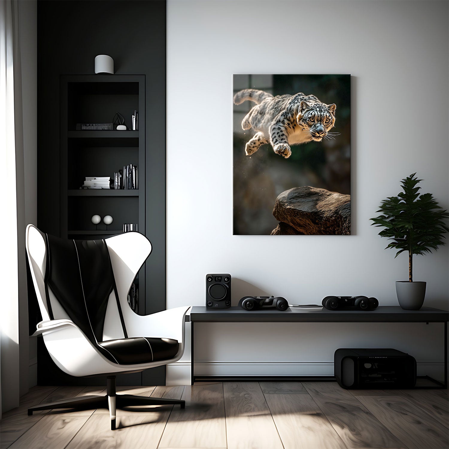 The delicate play of light on its fur highlights the leopard's distinctive spots, while its determined gaze and poised body bring out the majesty and grace of this elusive predator.